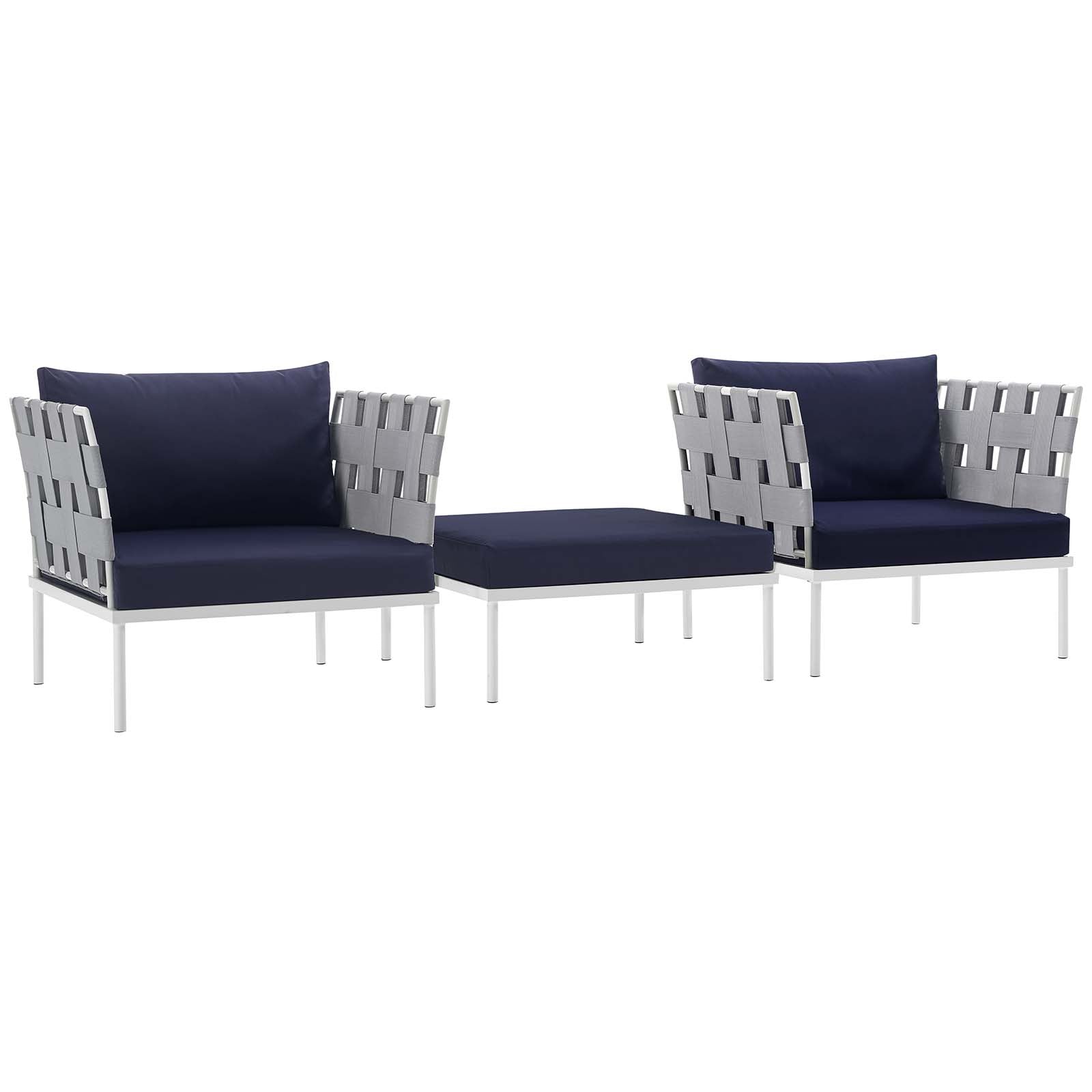 Modway Outdoor Conversation Sets - Harmony 3 Piece Outdoor Patio Aluminum Sectional Sofa Set White Navy