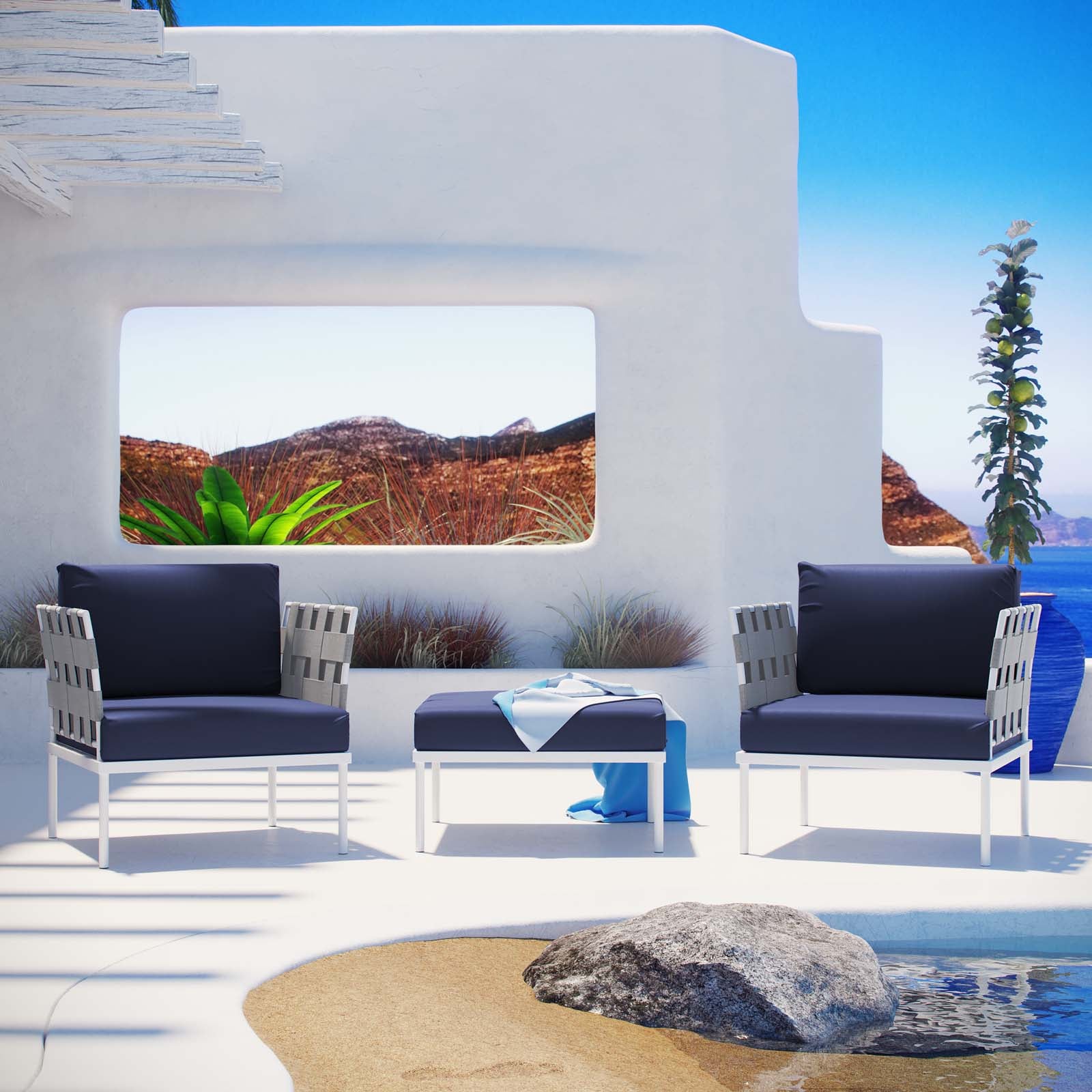 Modway Outdoor Conversation Sets - Harmony 3 Piece Outdoor Patio Aluminum Sectional Sofa Set White Navy