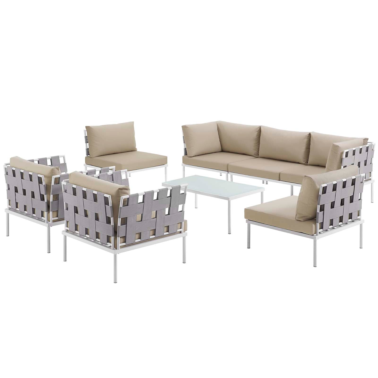 Modway Outdoor Conversation Sets - Harmony 8 Piece Outdoor 132"W Patio Aluminum Sectional Sofa Set Whit