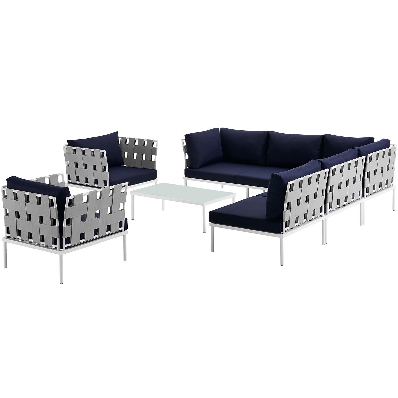 Modway Outdoor Sofas - Harmony 8 Pc Outdoor Patio Aluminum Sectional Sofa Set White Navy