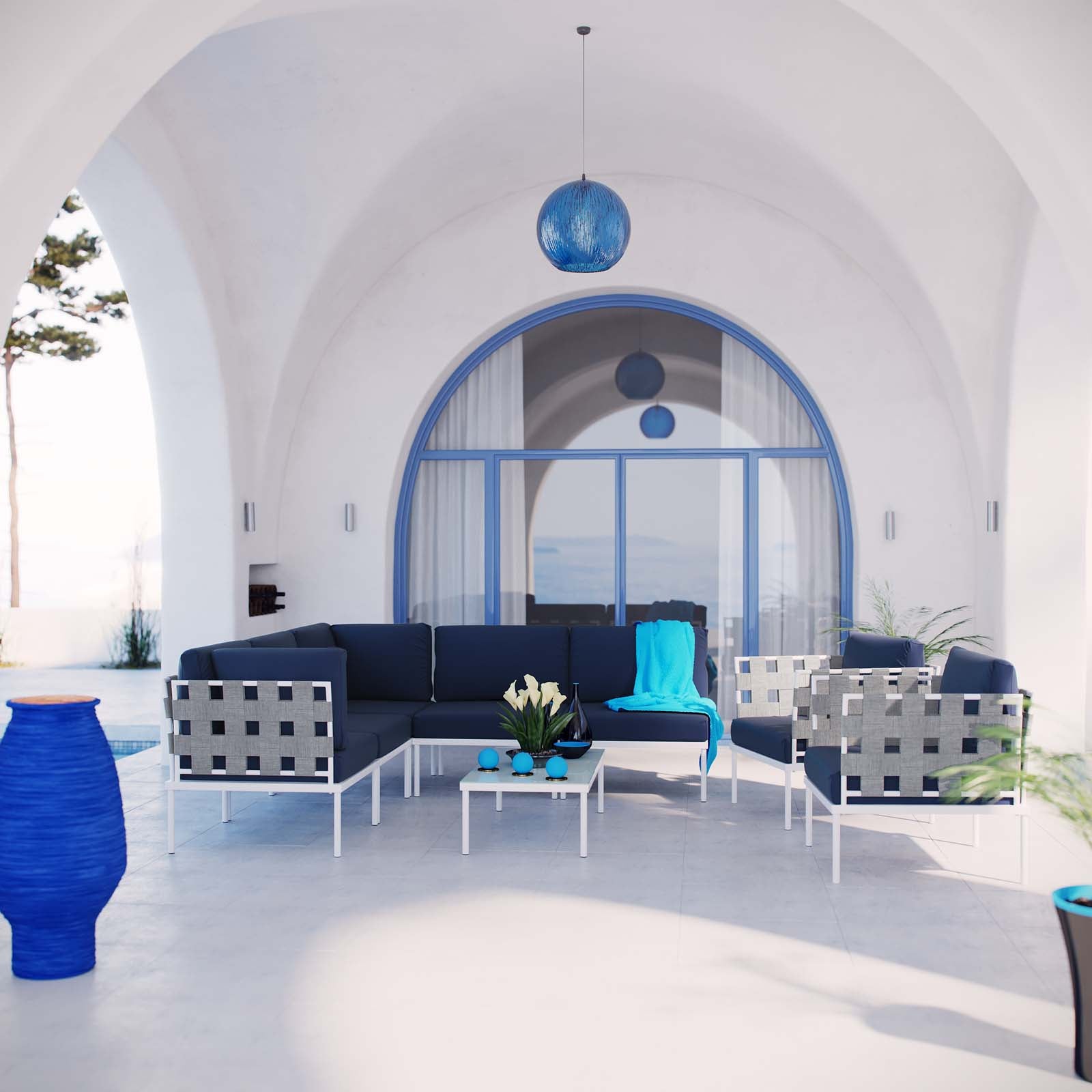 Modway Outdoor Sofas - Harmony 8 Pc Outdoor Patio Aluminum Sectional Sofa Set White Navy