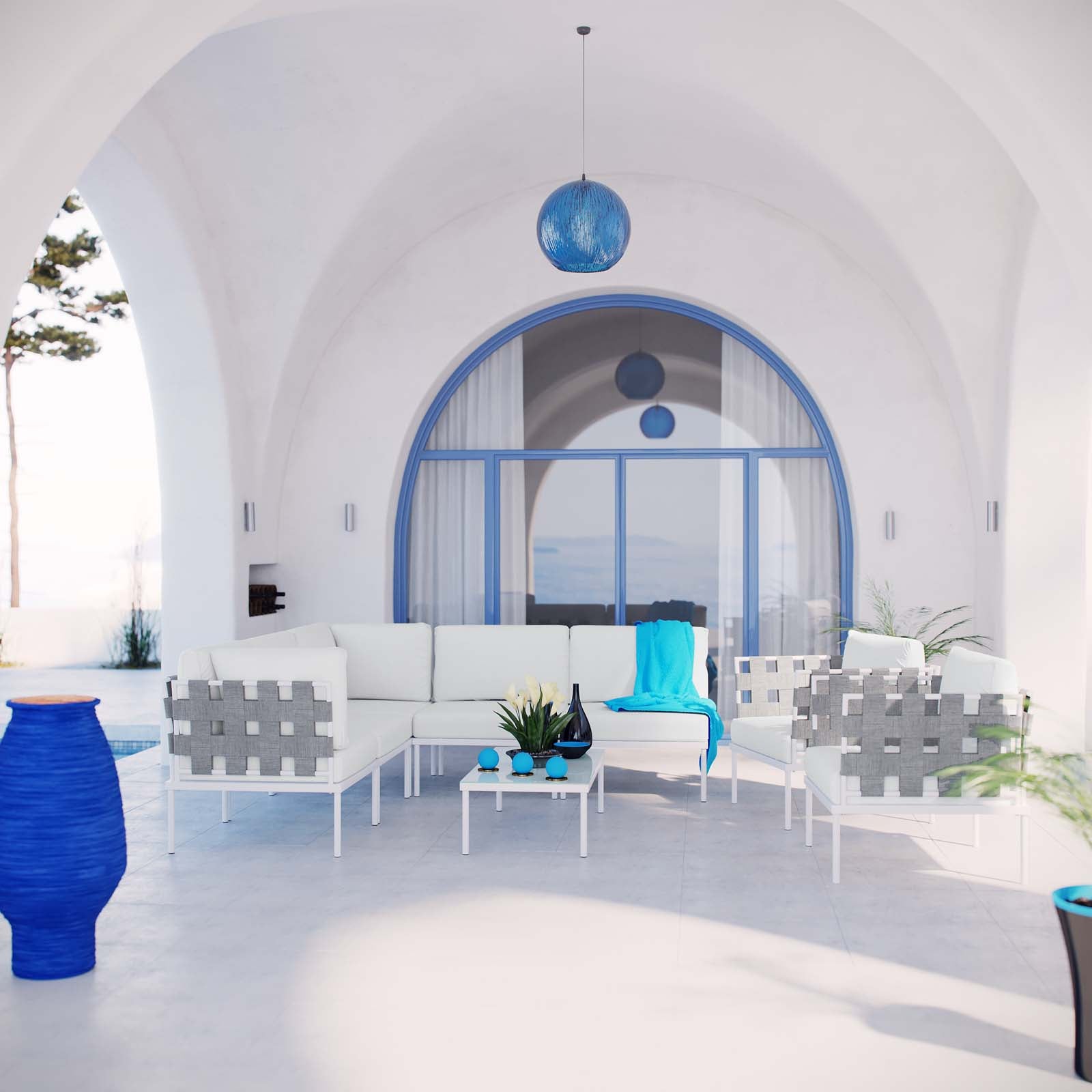 Modway Outdoor Conversation Sets - Harmony 132" 8 Piece Outdoor Patio Aluminum Sectional Sofa Set White White