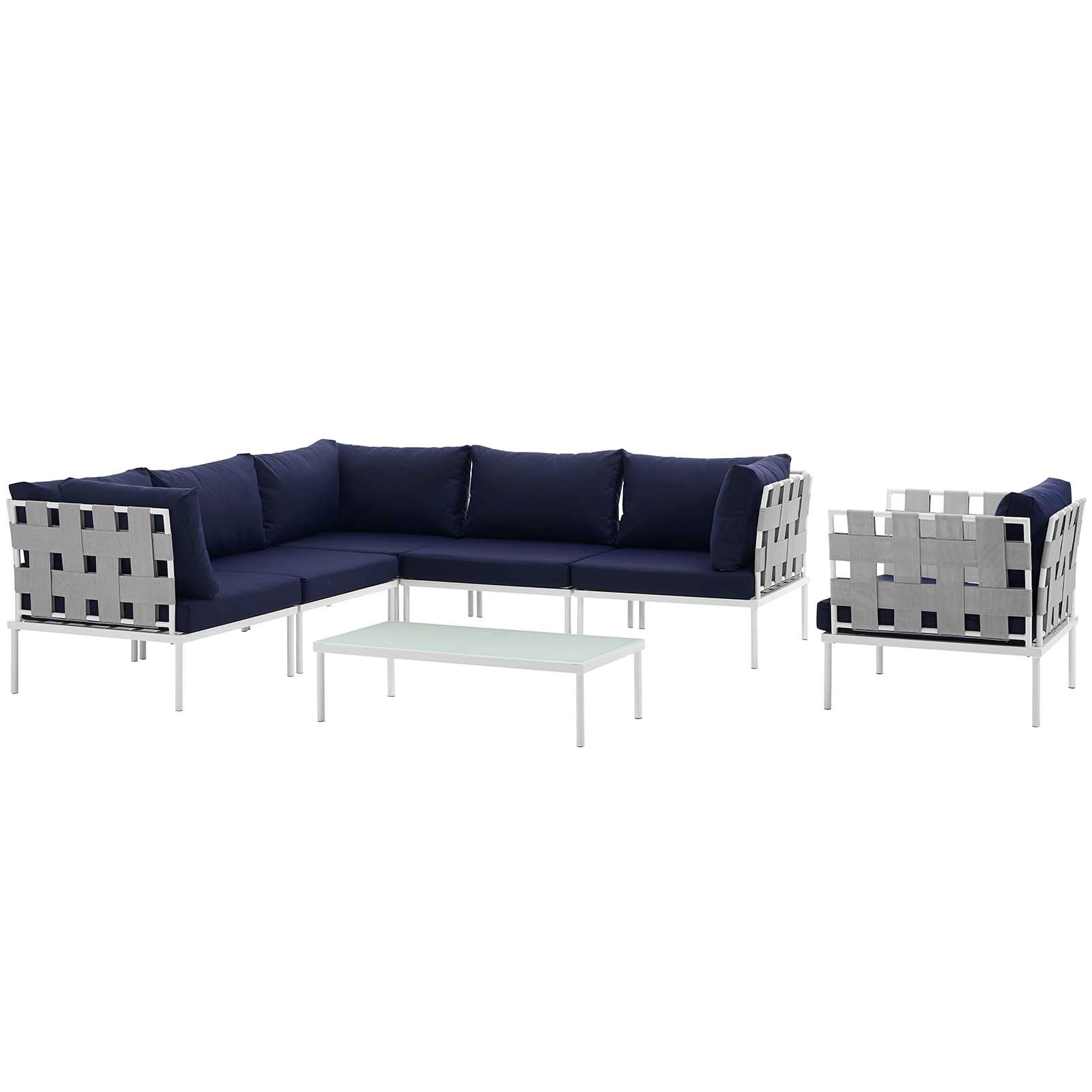 Modway Outdoor Sofas - Harmony 7 Piece Outdoor Patio Aluminum Sectional Sofa Set White Navy
