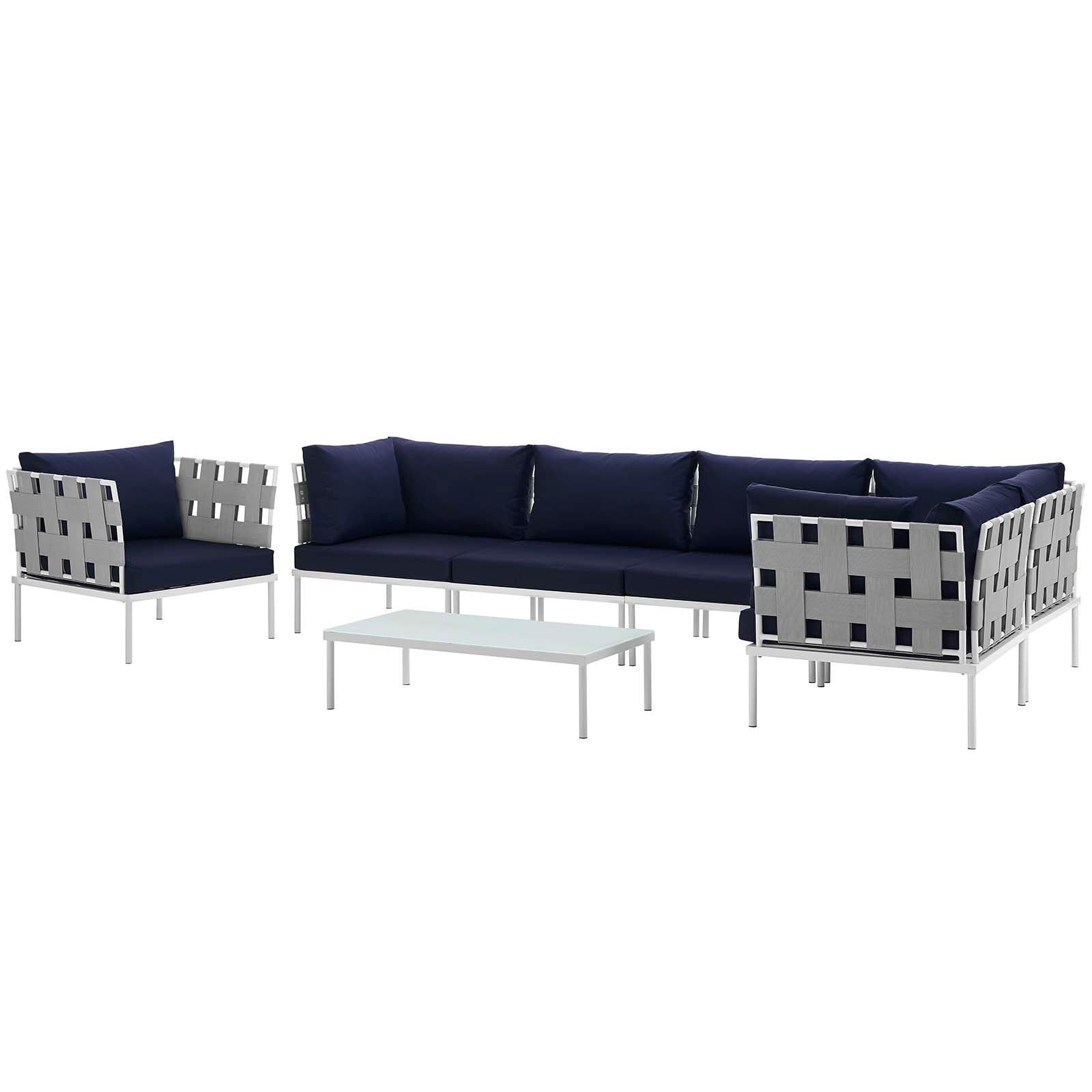 Modway Outdoor Sofas - Harmony 7 Piece Outdoor Patio Aluminum Sectional Sofa Set White Navy