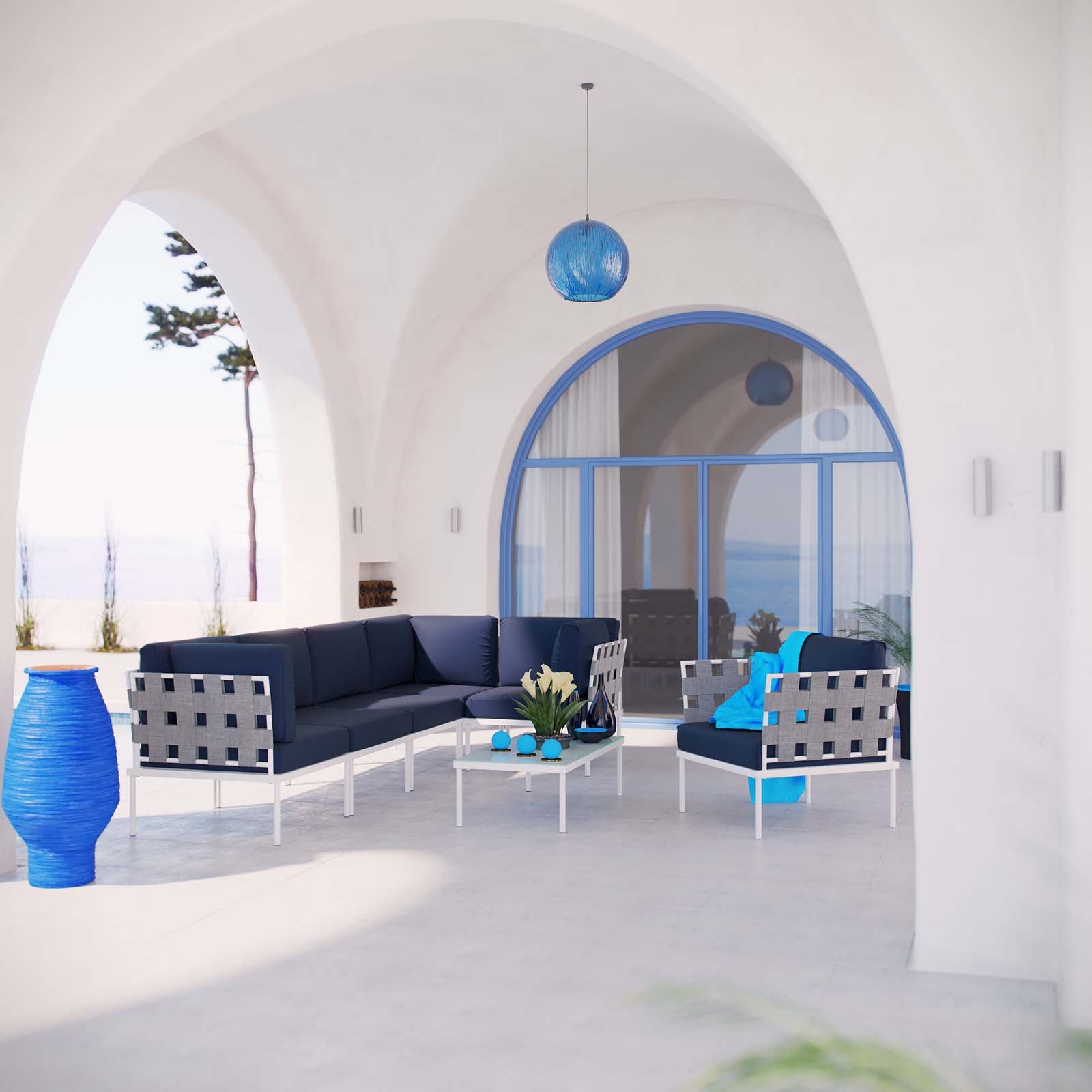Modway Outdoor Sofas - Harmony 7 Piece Outdoor Patio Aluminum Sectional Sofa Set White Navy