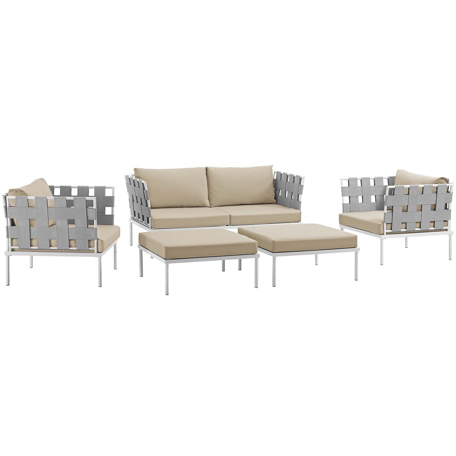 Modway Outdoor Conversation Sets - Harmony 5 Piece Outdoor 131"W Patio Aluminum Sectional Sofa Set Whit