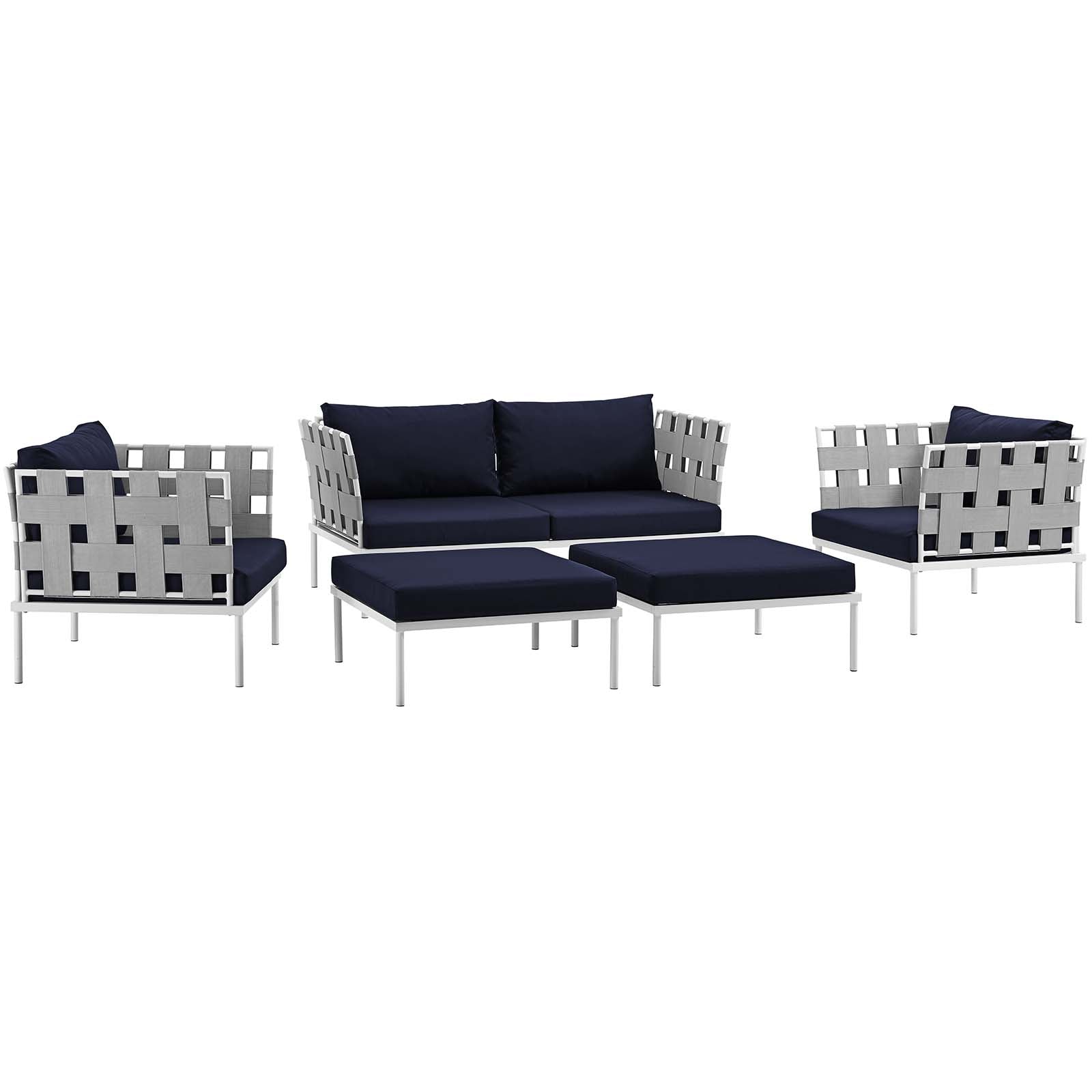 Modway Outdoor Conversation Sets - Harmony 5 Piece Outdoor Patio Aluminum Sectional Sofa Set White Navy