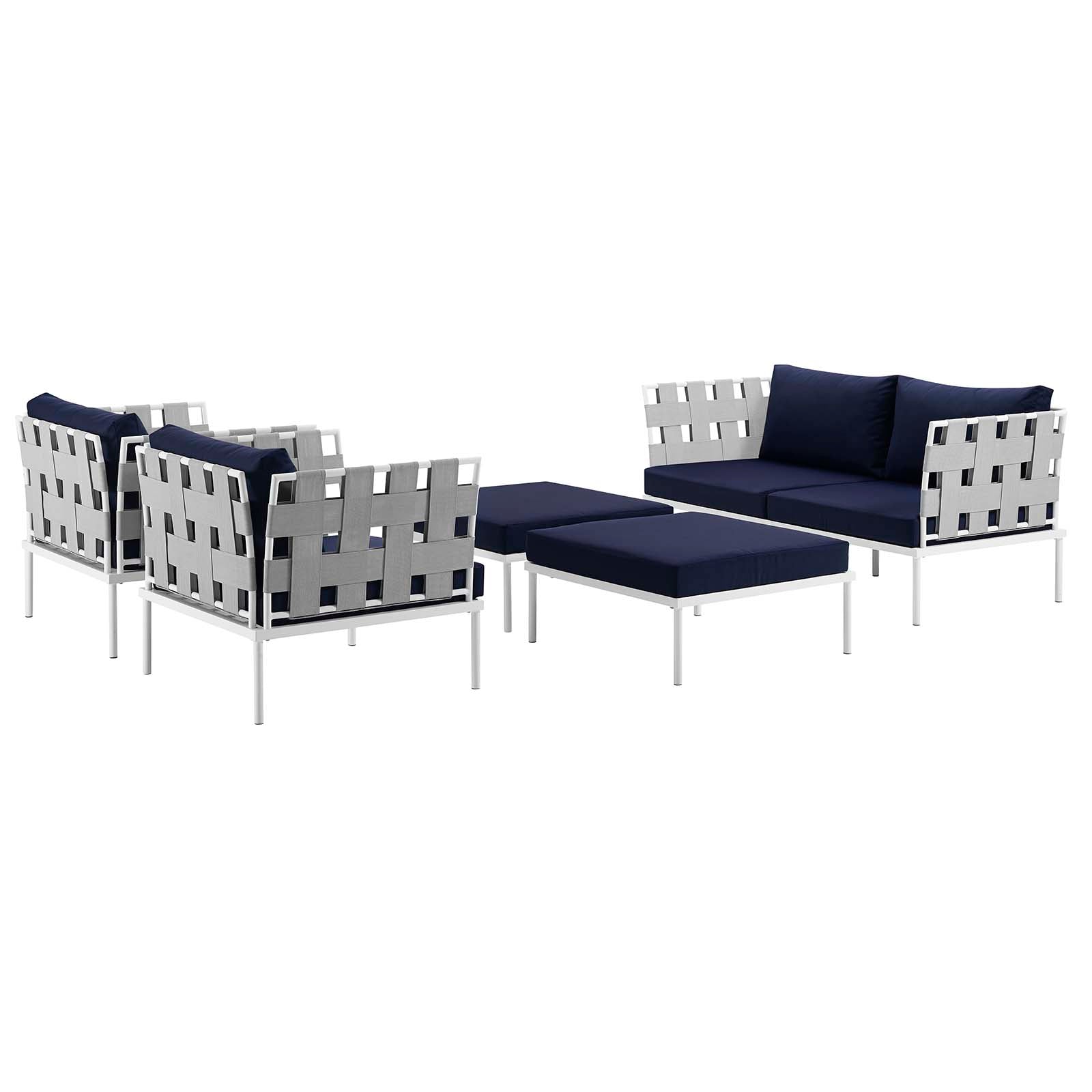 Modway Outdoor Conversation Sets - Harmony 5 Piece Outdoor Patio Aluminum Sectional Sofa Set White Navy