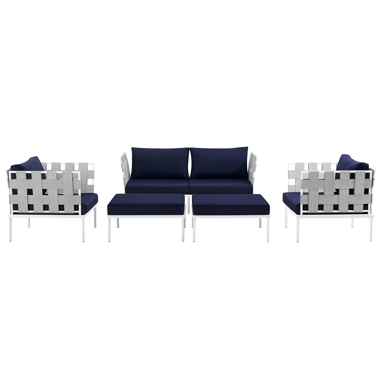 Modway Outdoor Conversation Sets - Harmony 5 Piece Outdoor Patio Aluminum Sectional Sofa Set White Navy