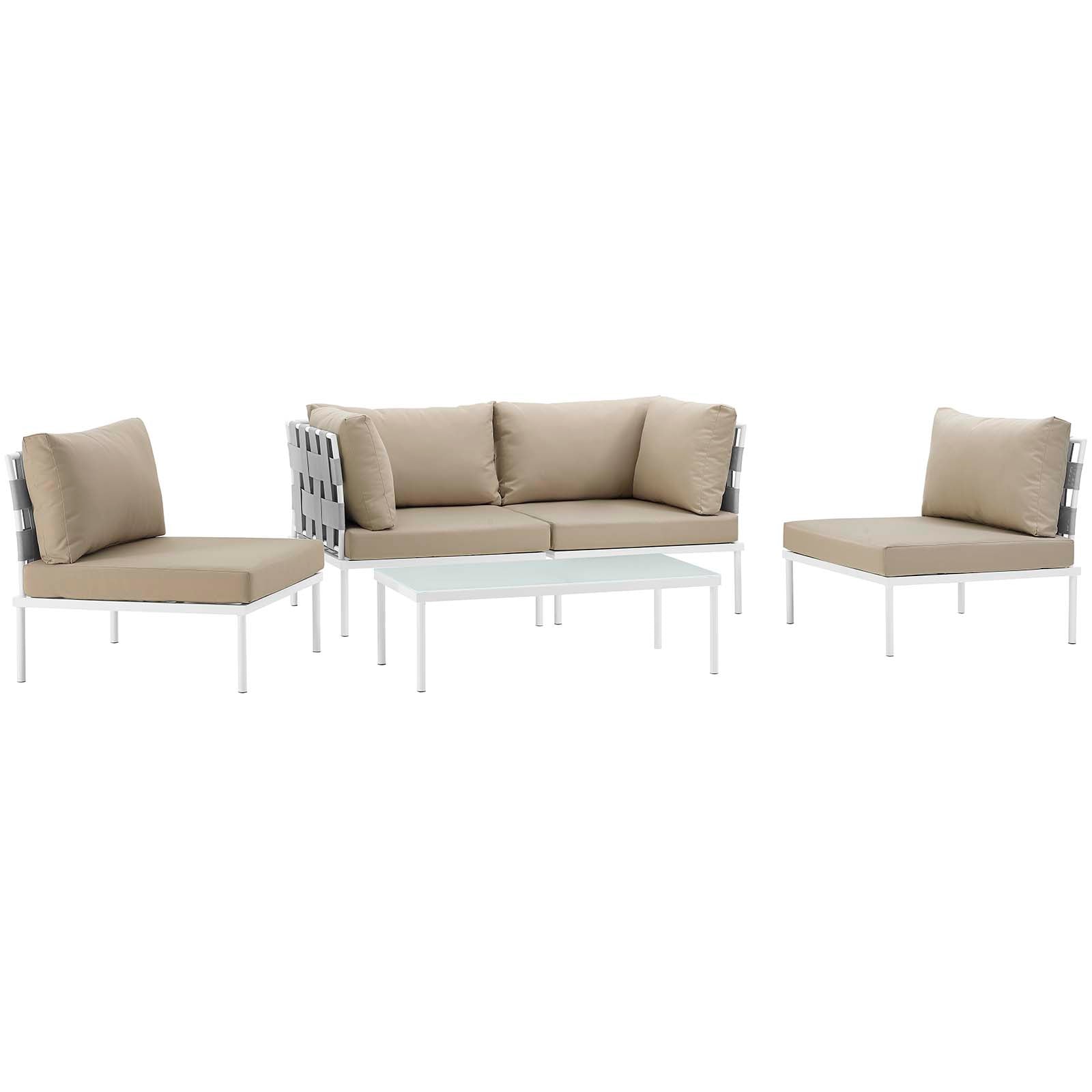 Modway Outdoor Conversation Sets - Harmony 5 Piece Outdoor 132"W Patio Aluminum Sectional Sofa Set Whit