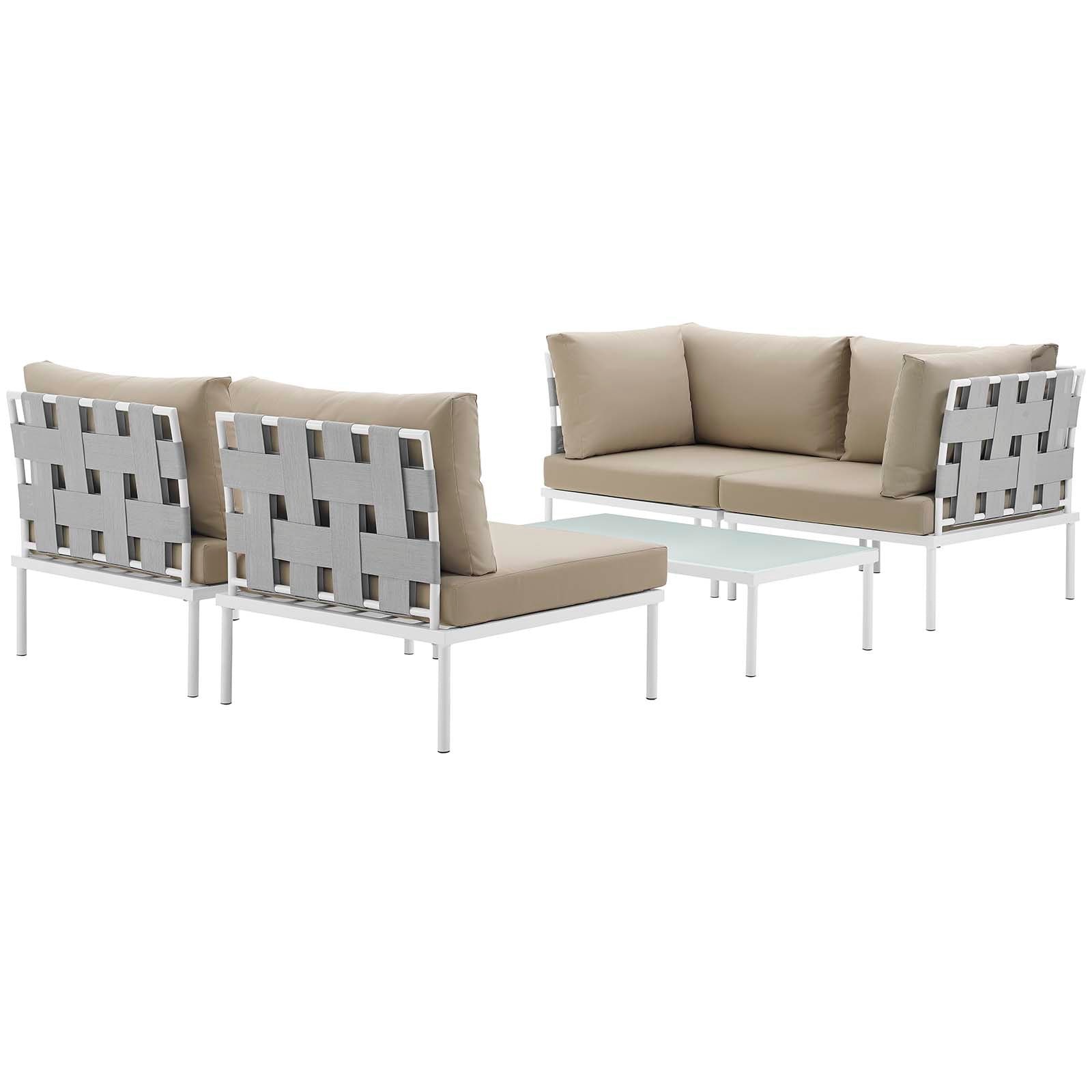 Modway Outdoor Conversation Sets - Harmony 5 Piece Outdoor 132"W Patio Aluminum Sectional Sofa Set Whit