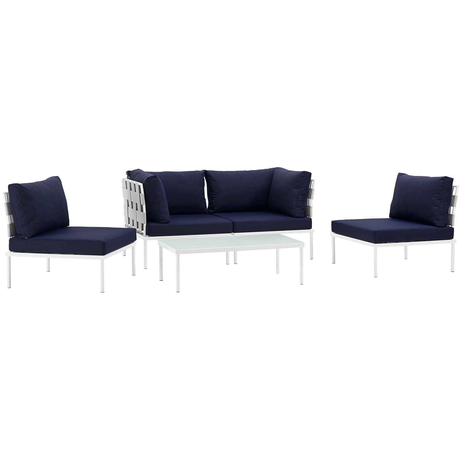 Modway Outdoor Sofas - Harmony 5 Piece Outdoor Patio Aluminum Sectional Sofa Set White & Navy
