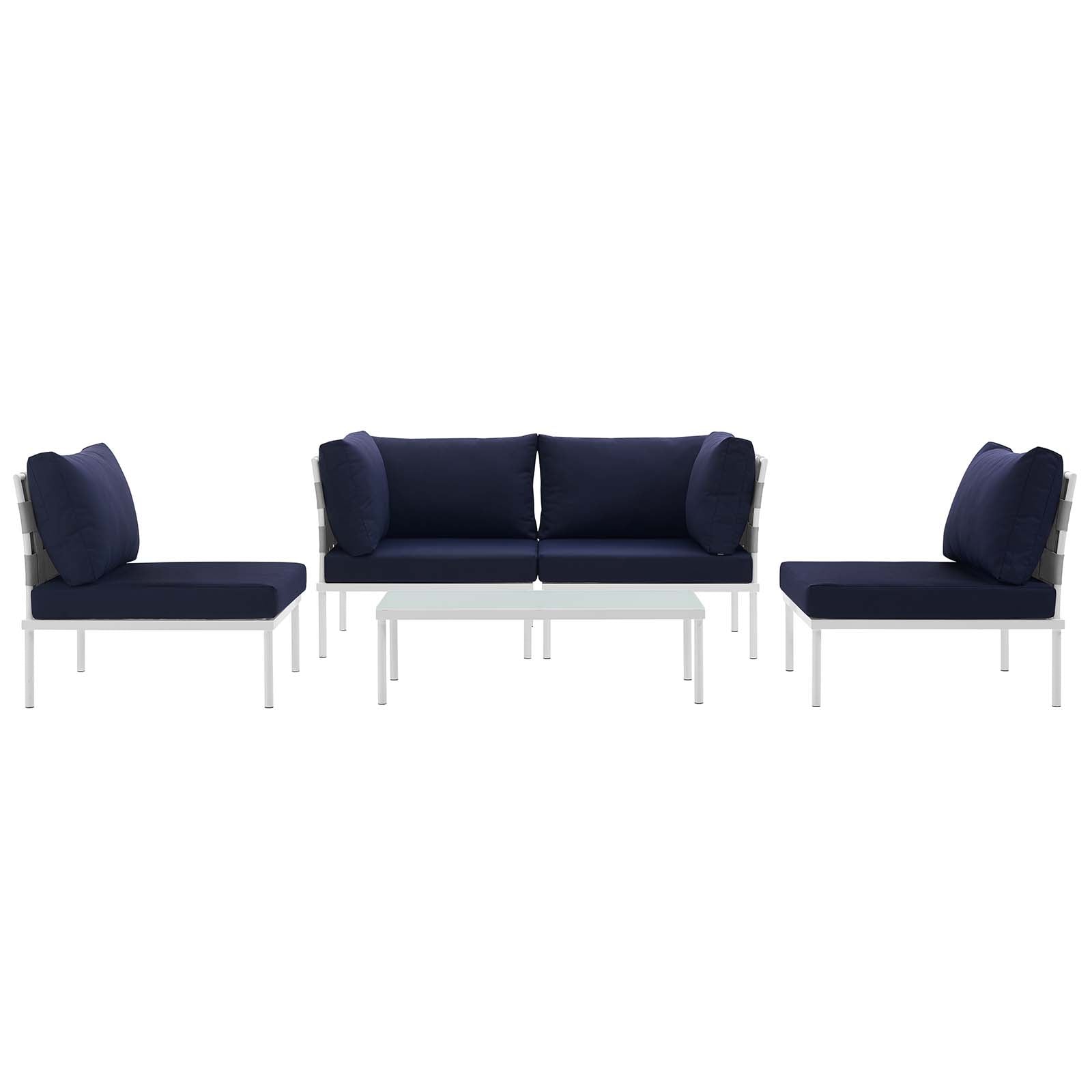 Modway Outdoor Sofas - Harmony 5 Piece Outdoor Patio Aluminum Sectional Sofa Set White & Navy