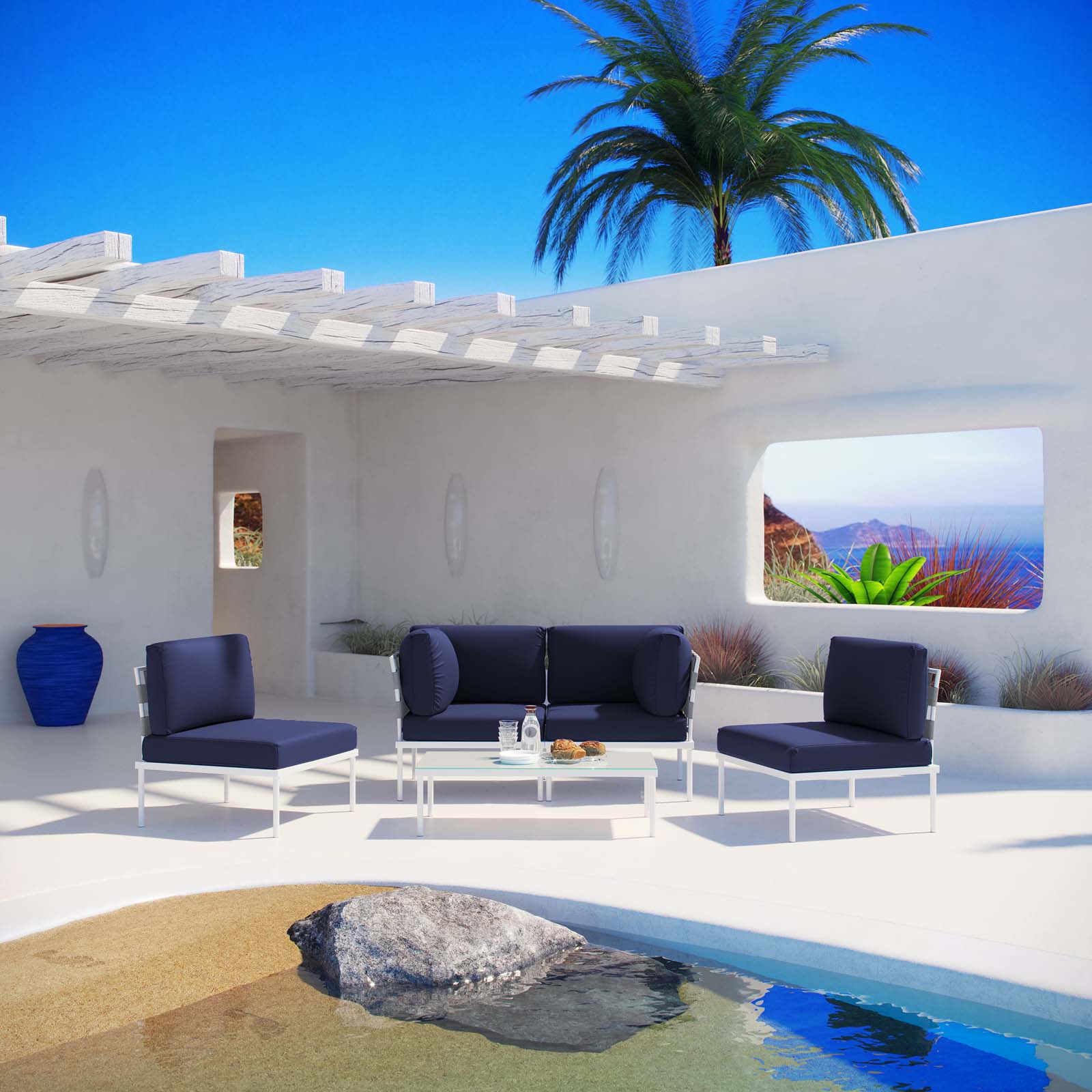 Modway Outdoor Sofas - Harmony 5 Piece Outdoor Patio Aluminum Sectional Sofa Set White & Navy