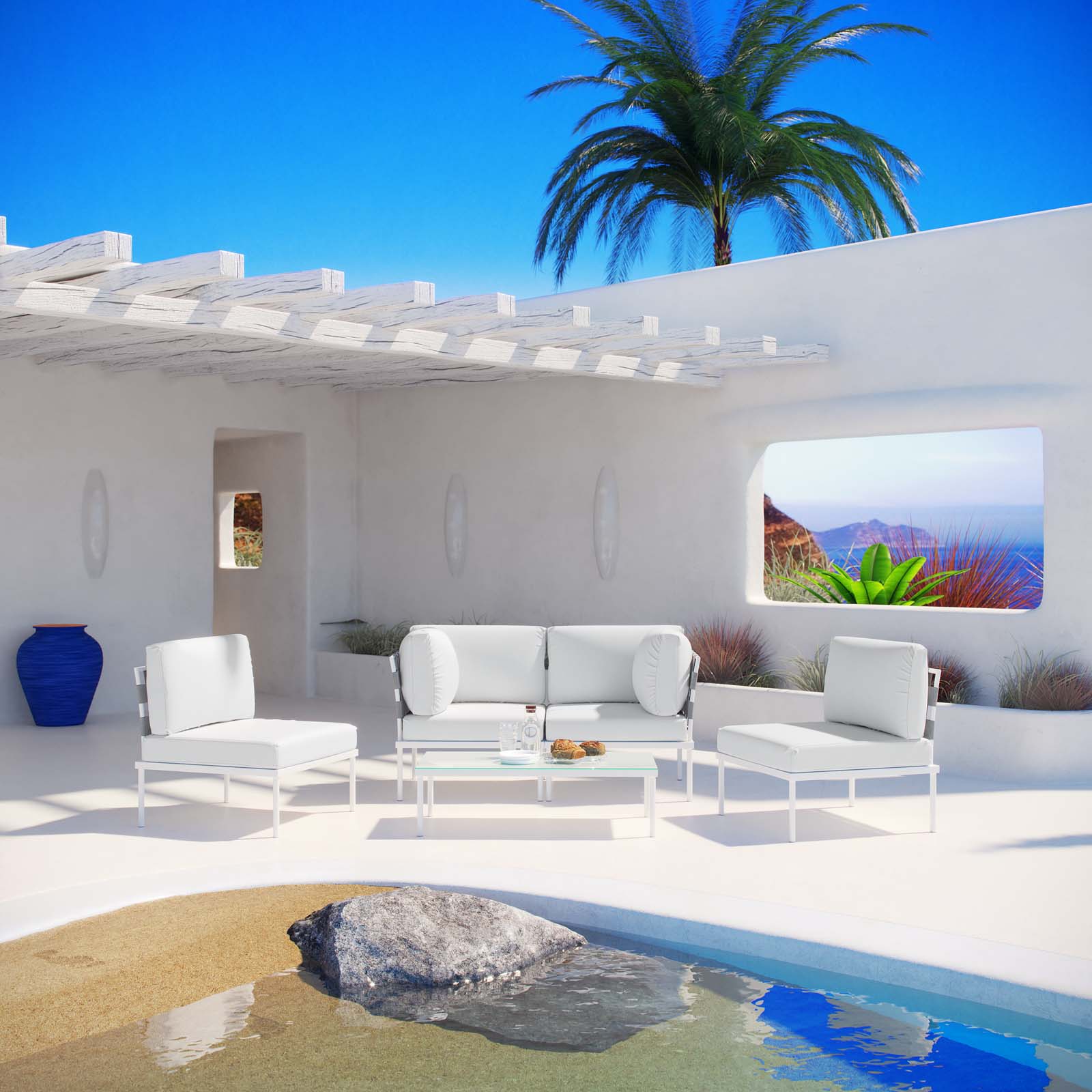 Modway Outdoor Conversation Sets - Harmony 5 Piece Outdoor Patio Aluminum Sectional Sofa Set White