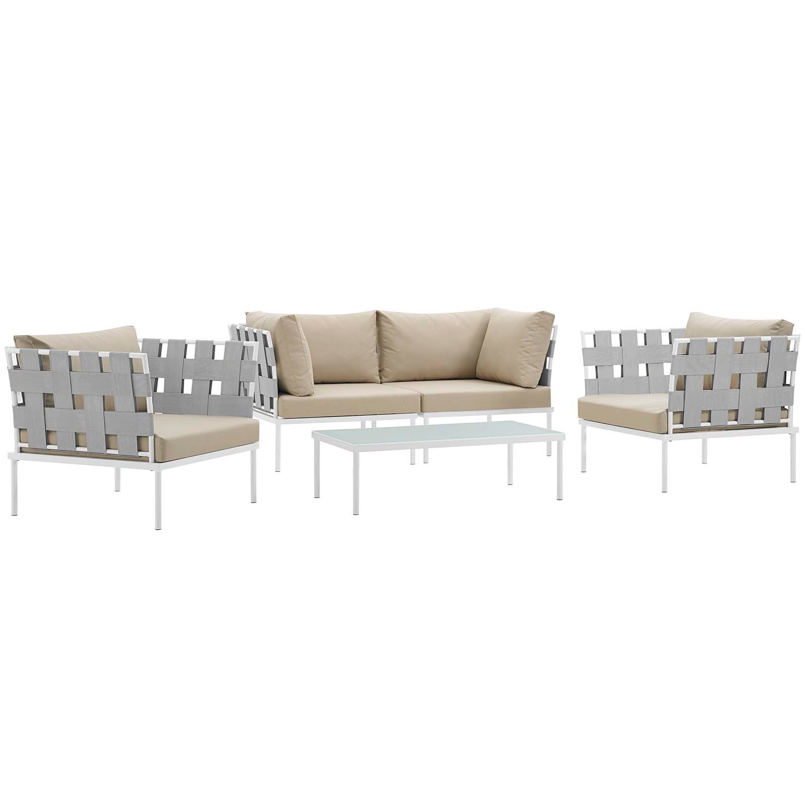 Modway Outdoor Conversation Sets - Harmony 5 Piece Outdoor Patio Aluminum Sectional Sofa Set White Beige