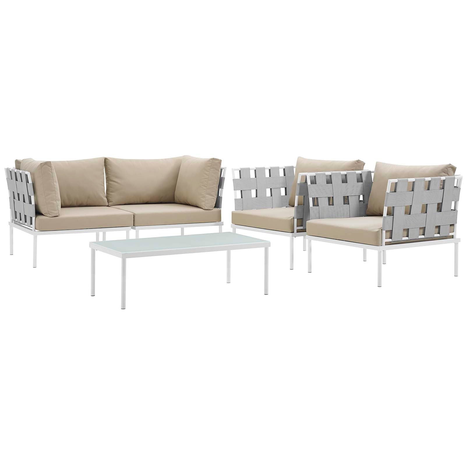 Modway Outdoor Conversation Sets - Harmony 5 Piece Outdoor Patio Aluminum Sectional Sofa Set White Beige