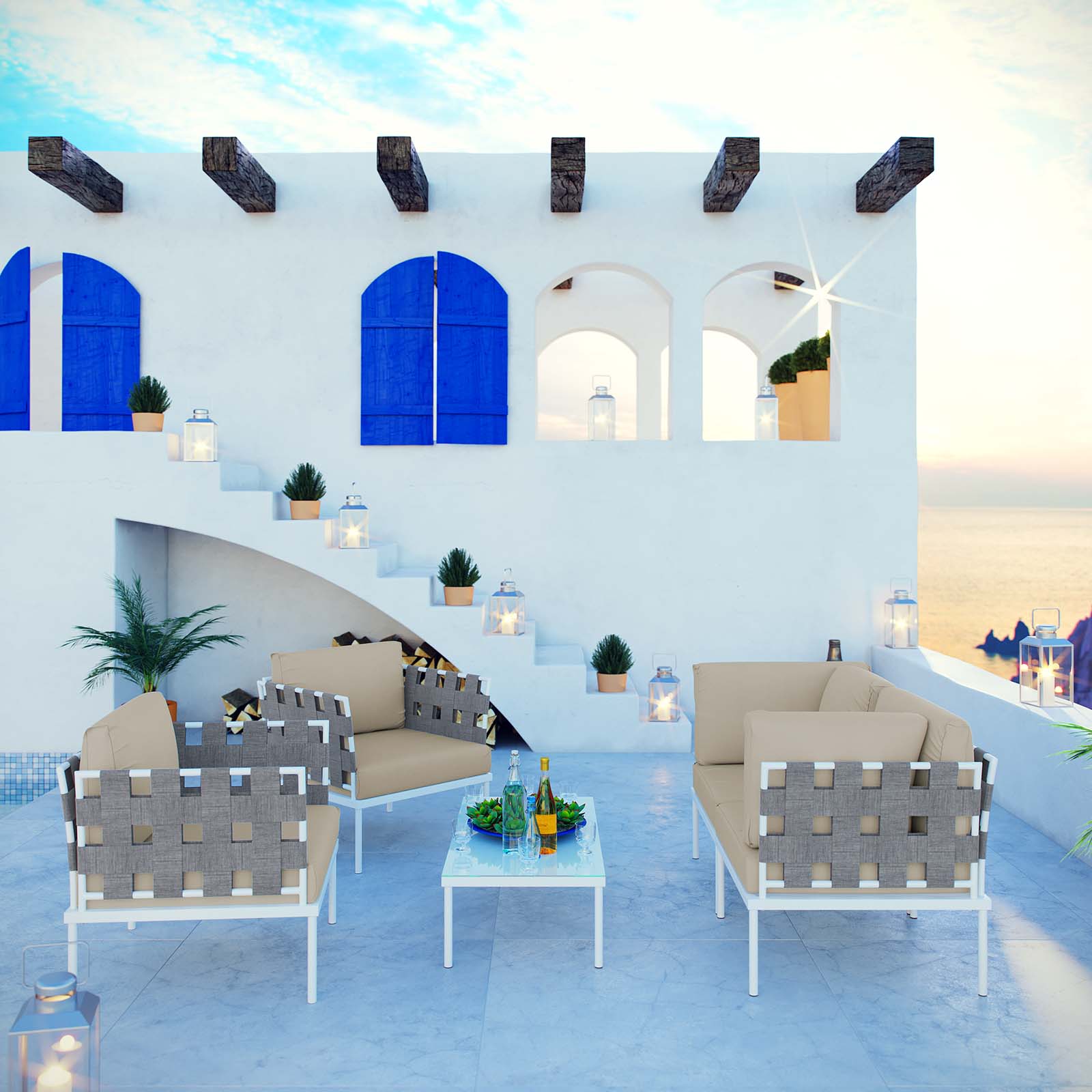 Modway Outdoor Conversation Sets - Harmony 5 Piece Outdoor Patio Aluminum Sectional Sofa Set White Beige