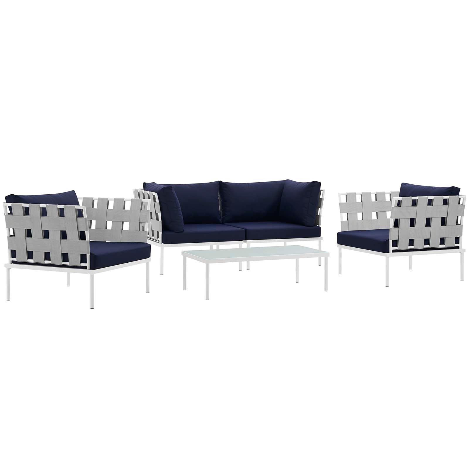 Modway Outdoor Sofas - Harmony 5 Piece Outdoor Patio Sectional Sofa Set White Navy