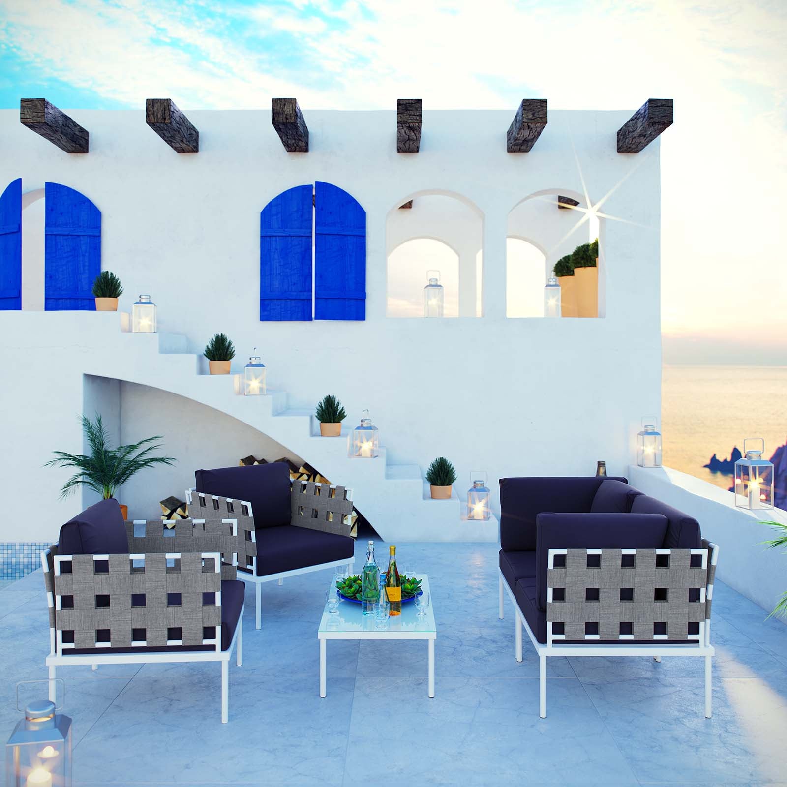 Modway Outdoor Sofas - Harmony 5 Piece Outdoor Patio Sectional Sofa Set White Navy