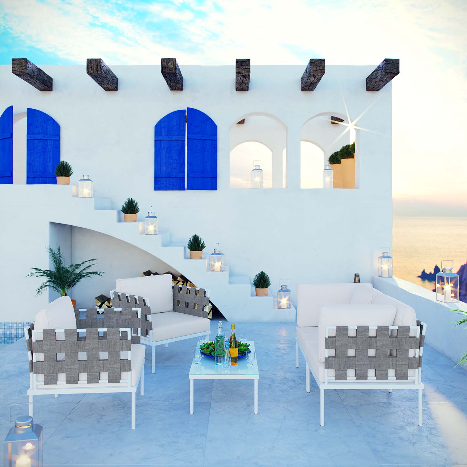 Modway Outdoor Conversation Sets - Harmony 132" 5 Piece Outdoor Patio Aluminum Sectional Sofa Set White White