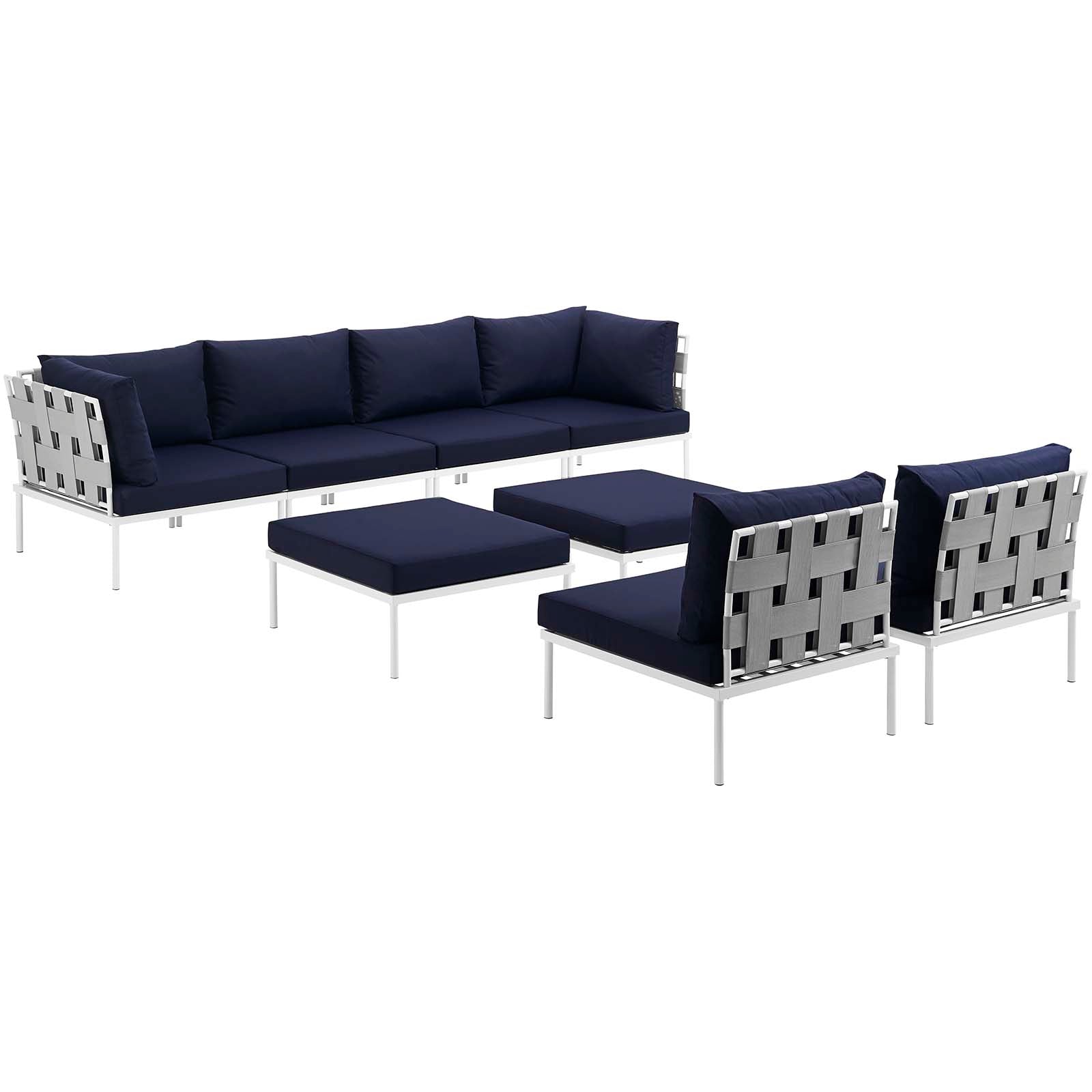 Modway Outdoor Conversation Sets - Harmony 8 Piece Outdoor Patio Aluminum Sectional Sofa Set White Navy