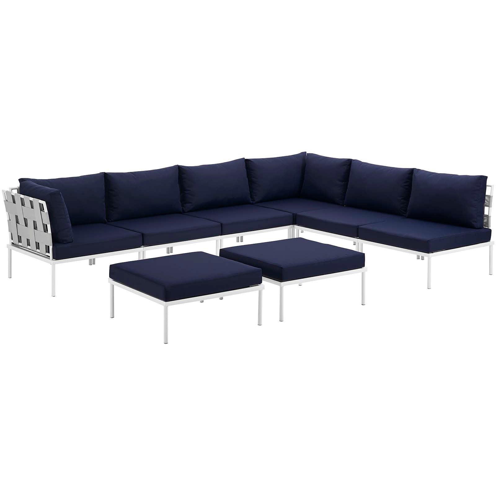 Modway Outdoor Conversation Sets - Harmony 8 Piece Outdoor Patio Aluminum Sectional Sofa Set White Navy