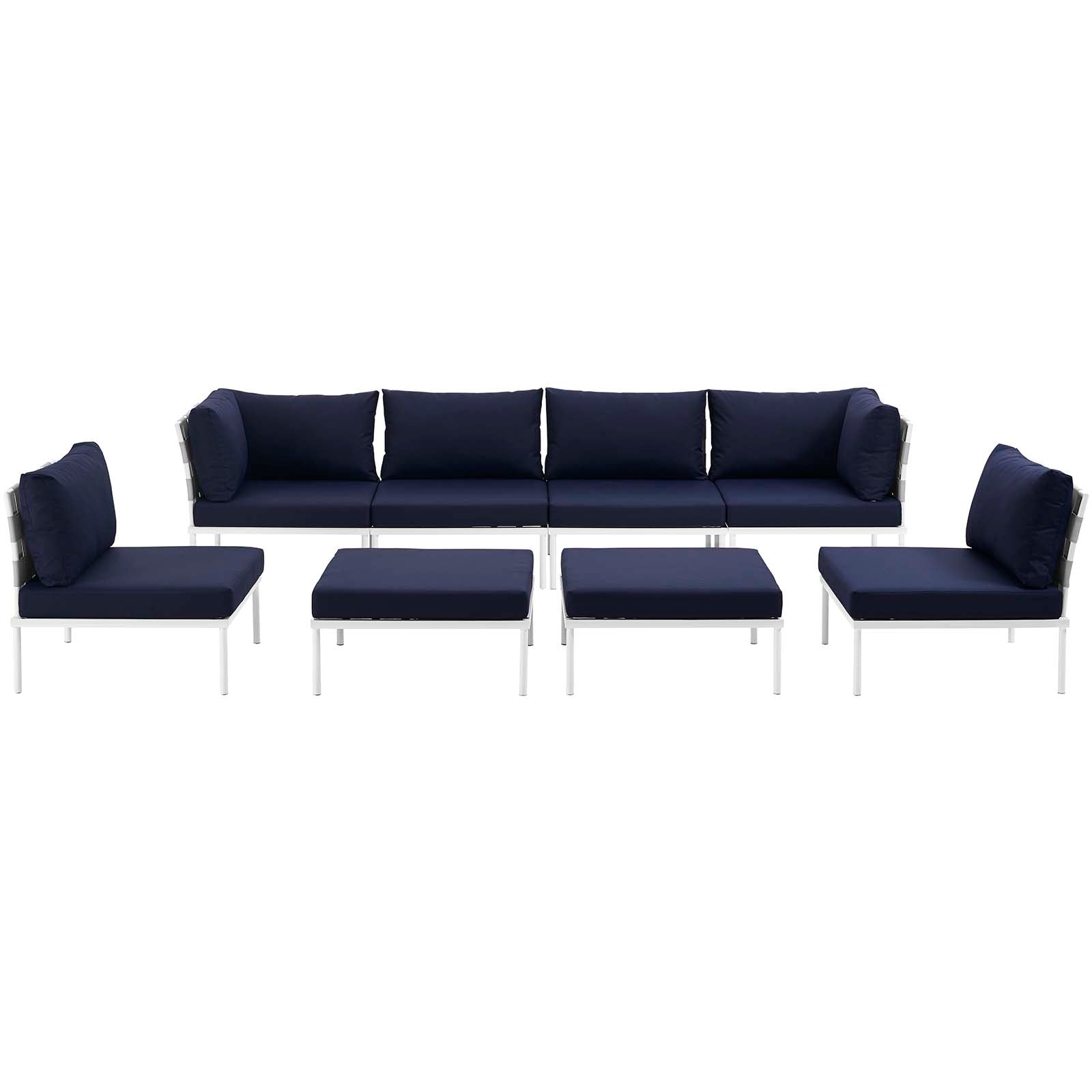 Modway Outdoor Conversation Sets - Harmony 8 Piece Outdoor Patio Aluminum Sectional Sofa Set White Navy
