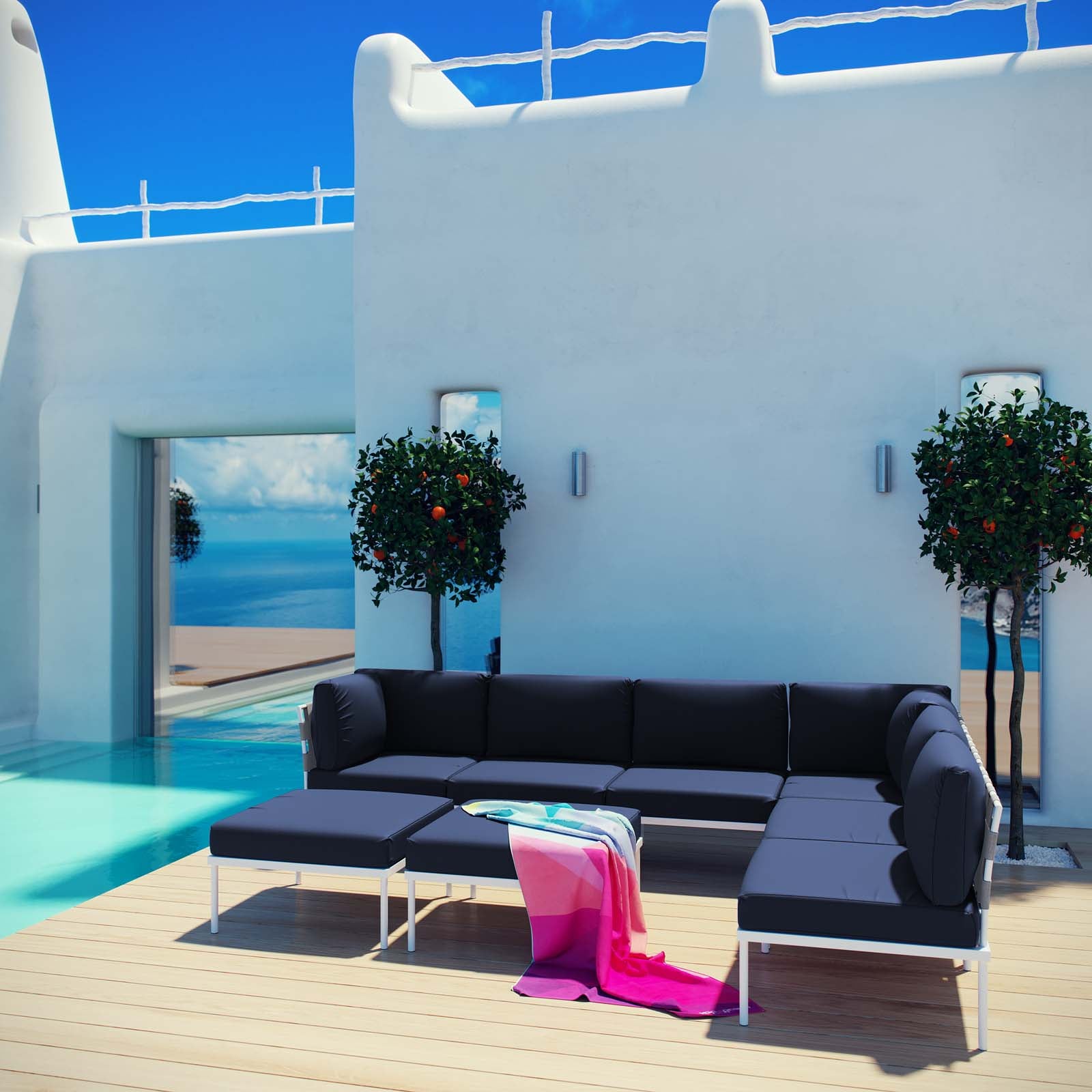 Modway Outdoor Conversation Sets - Harmony 8 Piece Outdoor Patio Aluminum Sectional Sofa Set White Navy