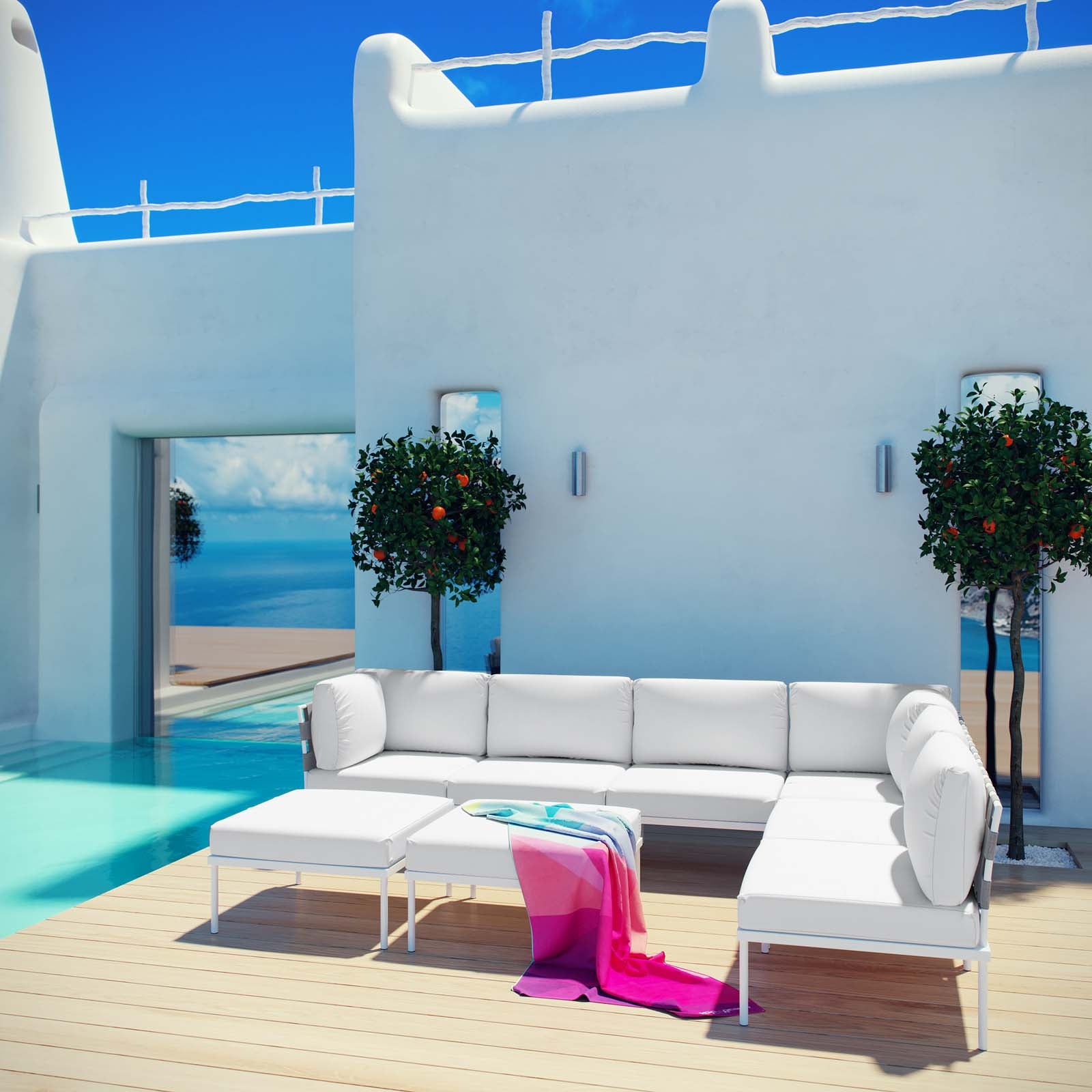 Modway Outdoor Conversation Sets - Harmony 198" 8 Piece Outdoor Patio Aluminum Sectional Sofa Set White White