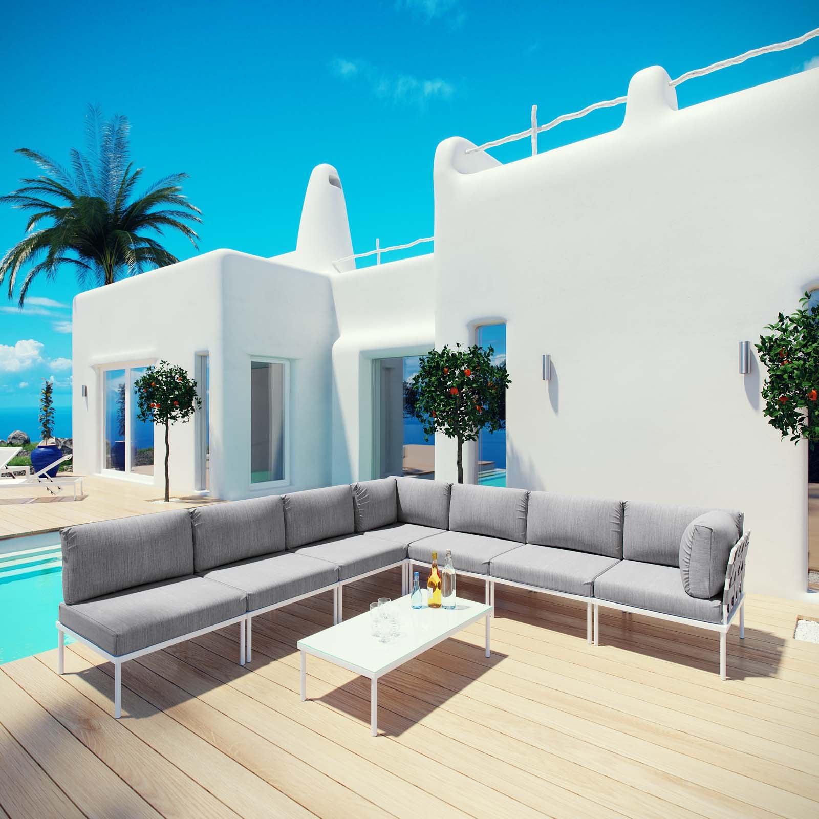 Modway Outdoor Conversation Sets - Harmony 8 Piece Outdoor Patio Sectional Sofa Set White Gray