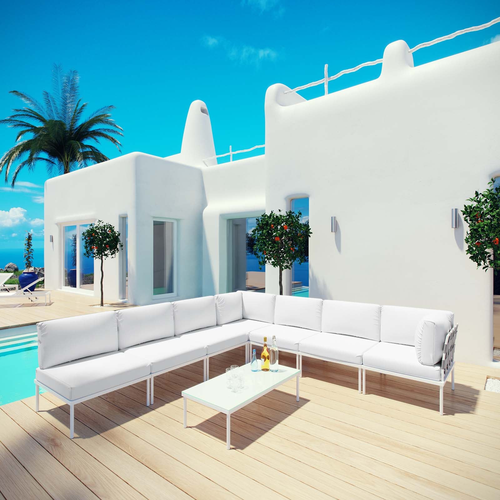 Modway Outdoor Conversation Sets - Harmony 8 Piece Outdoor Patio Aluminum Sectional Sofa Set White White