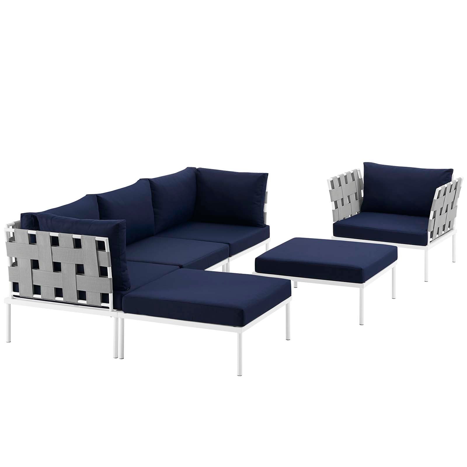 Modway Outdoor Conversation Sets - Harmony 6 Piece Outdoor Patio Aluminum Sectional Sofa Set White Navy