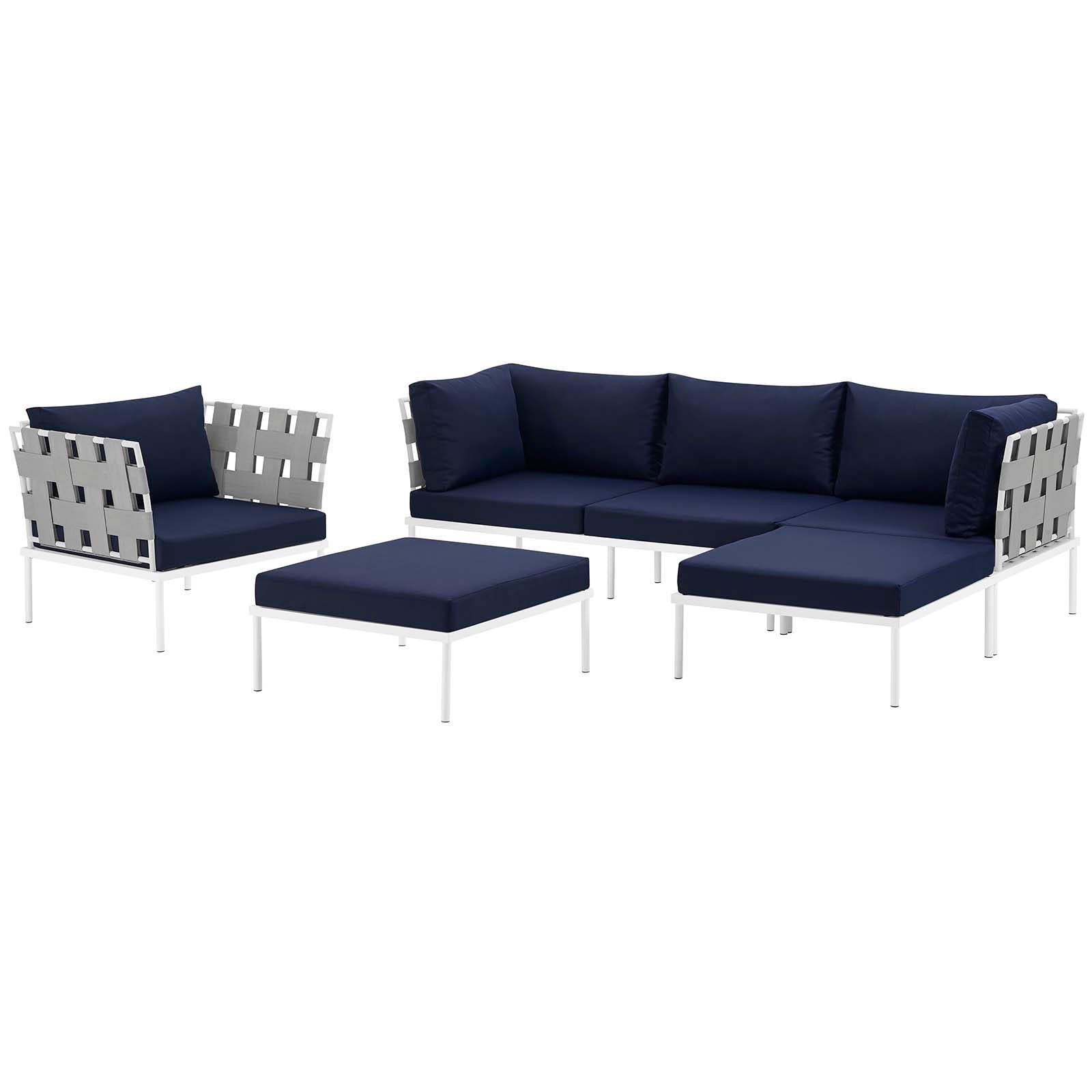 Modway Outdoor Conversation Sets - Harmony 6 Piece Outdoor Patio Aluminum Sectional Sofa Set White Navy