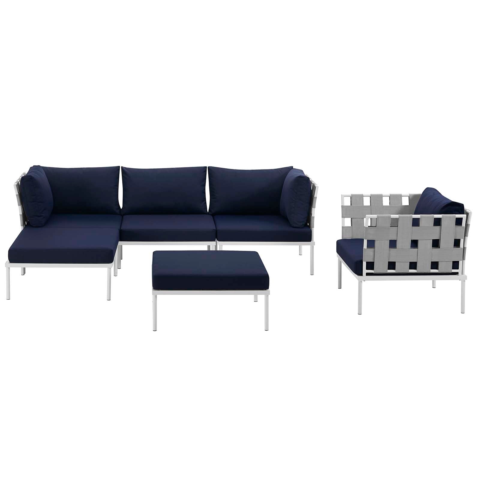 Modway Outdoor Conversation Sets - Harmony 6 Piece Outdoor Patio Aluminum Sectional Sofa Set White Navy