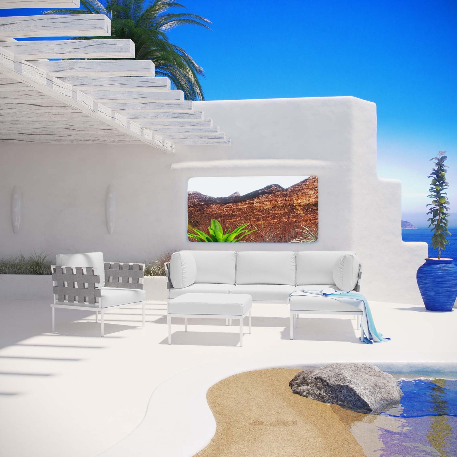 Modway Outdoor Conversation Sets - Harmony 132" 6 Piece Outdoor Patio Aluminum Sectional Sofa Set White White