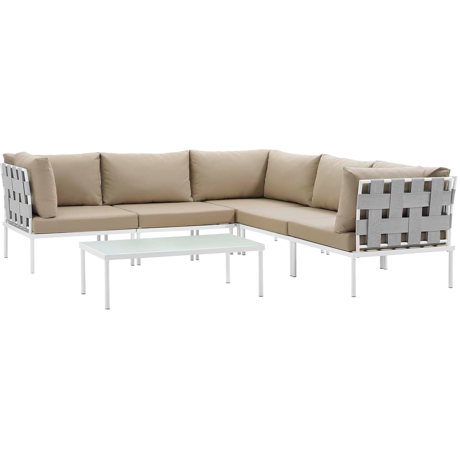 Modway Outdoor Conversation Sets - Harmony 6 Piece Outdoor 99"W Patio Aluminum Sectional Sofa Set Whit