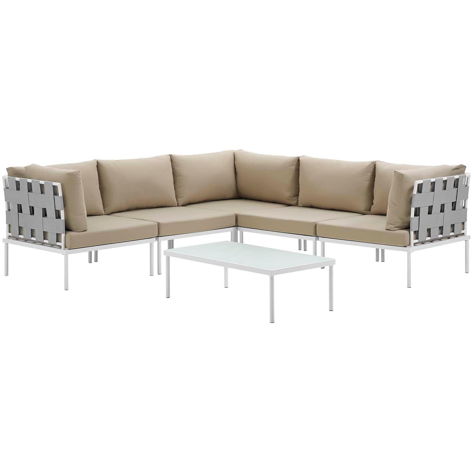 Modway Outdoor Conversation Sets - Harmony 6 Piece Outdoor 99"W Patio Aluminum Sectional Sofa Set Whit