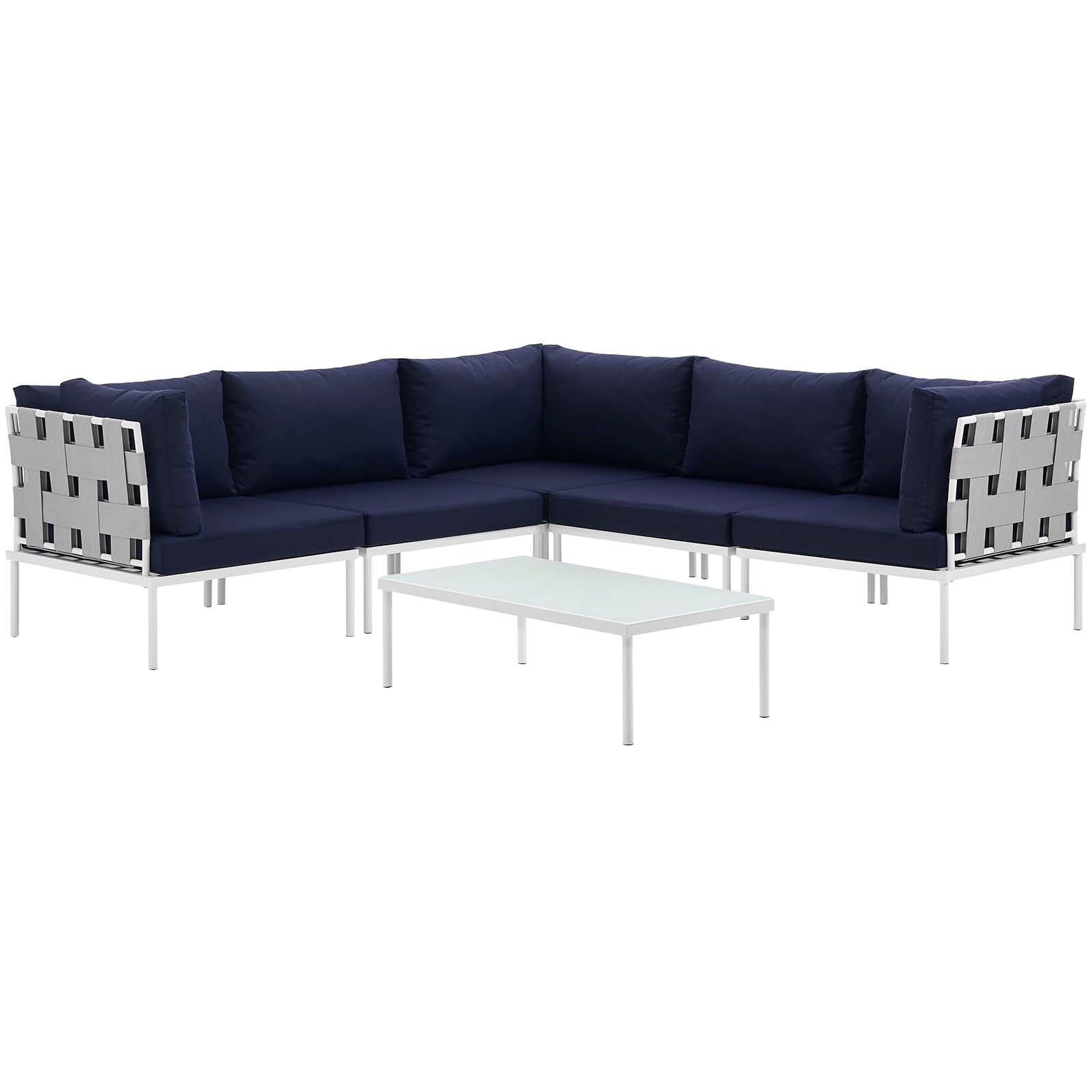 Modway Outdoor Sofas - Harmony 6 Pc Outdoor Patio Aluminum Sectional Sofa Set White Navy