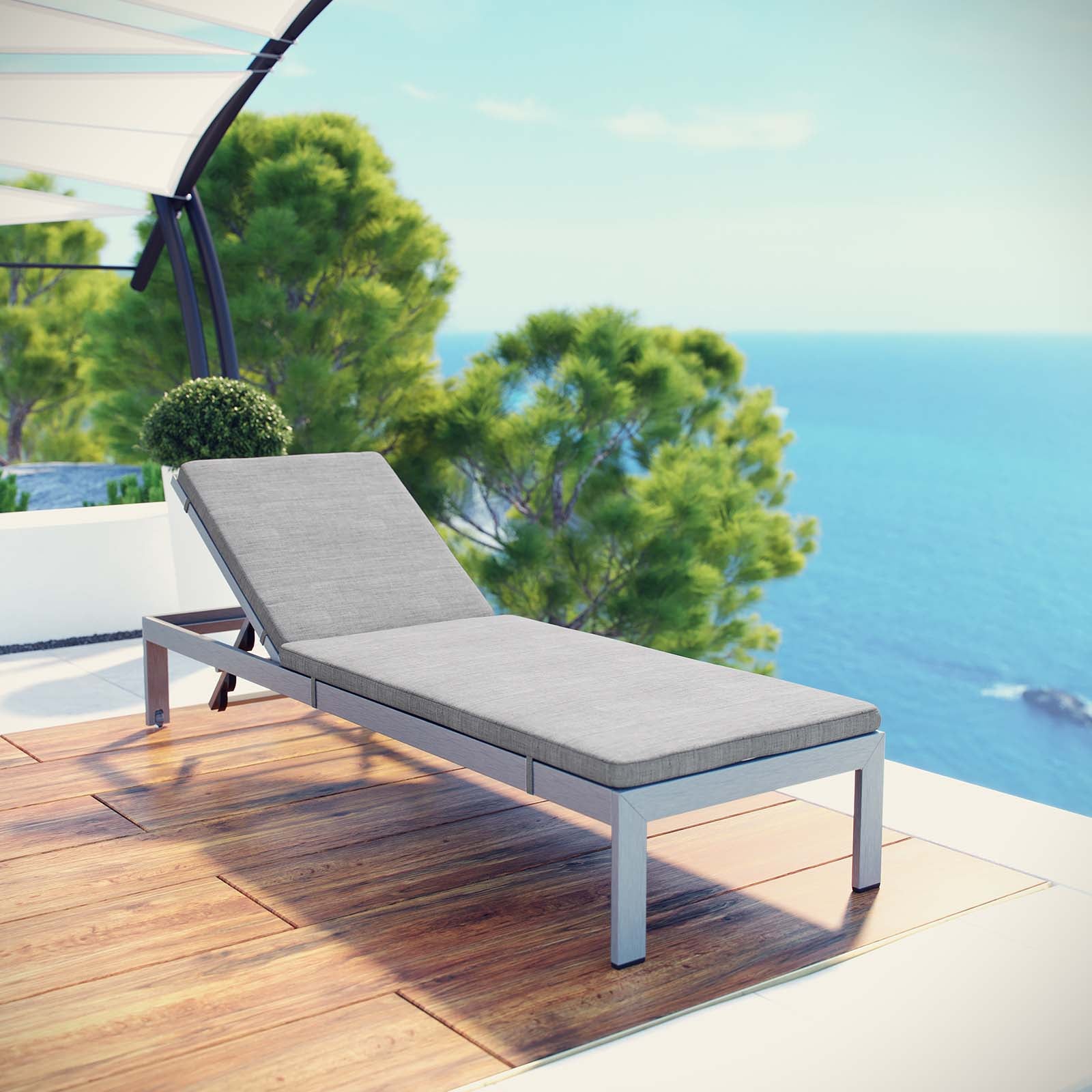 Modway Outdoor Loungers - Shore Outdoor Patio Aluminum Chaise with Cushions Silver Gray