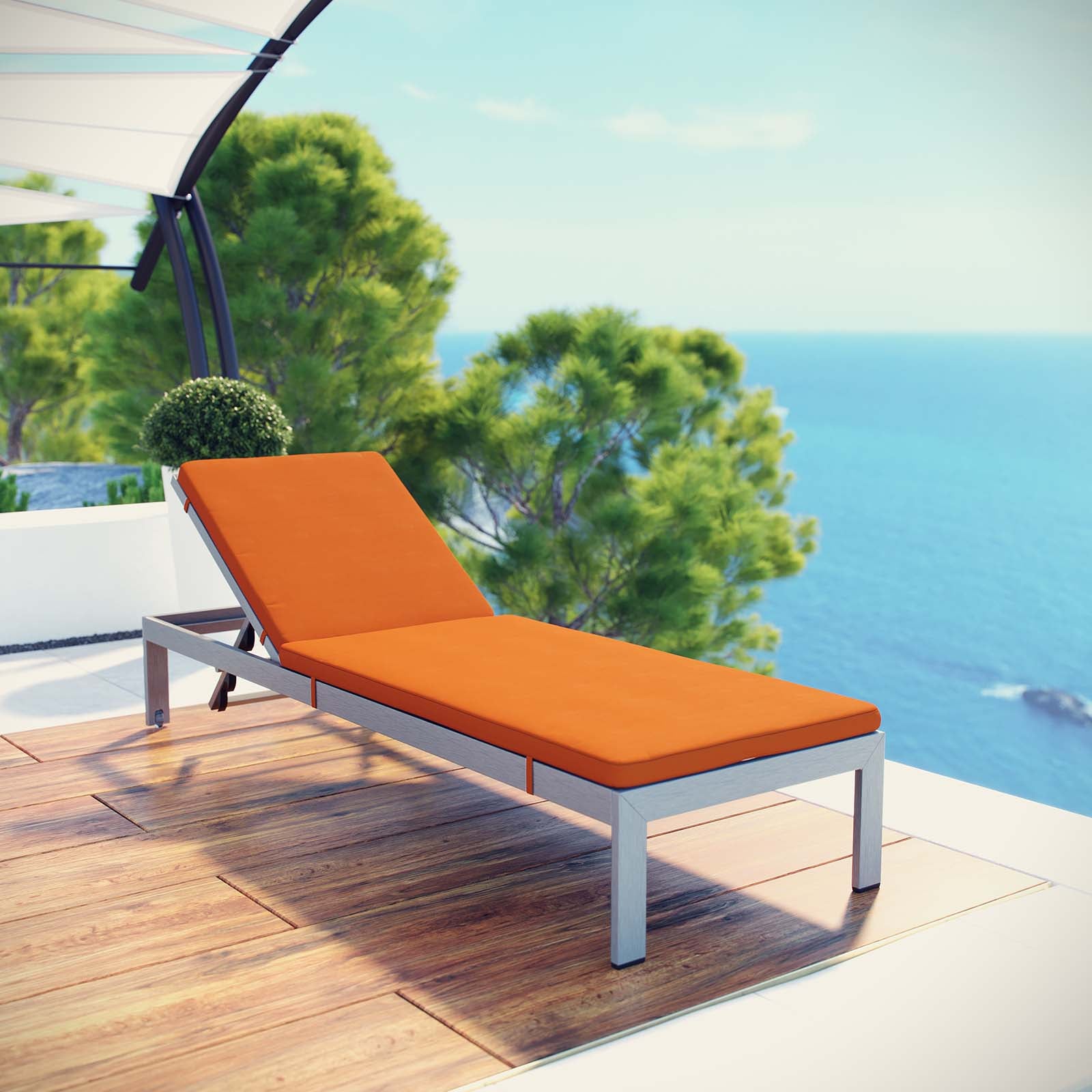 Modway Outdoor Loungers - Shore Outdoor Patio Aluminum Chaise with Cushions Silver Orange