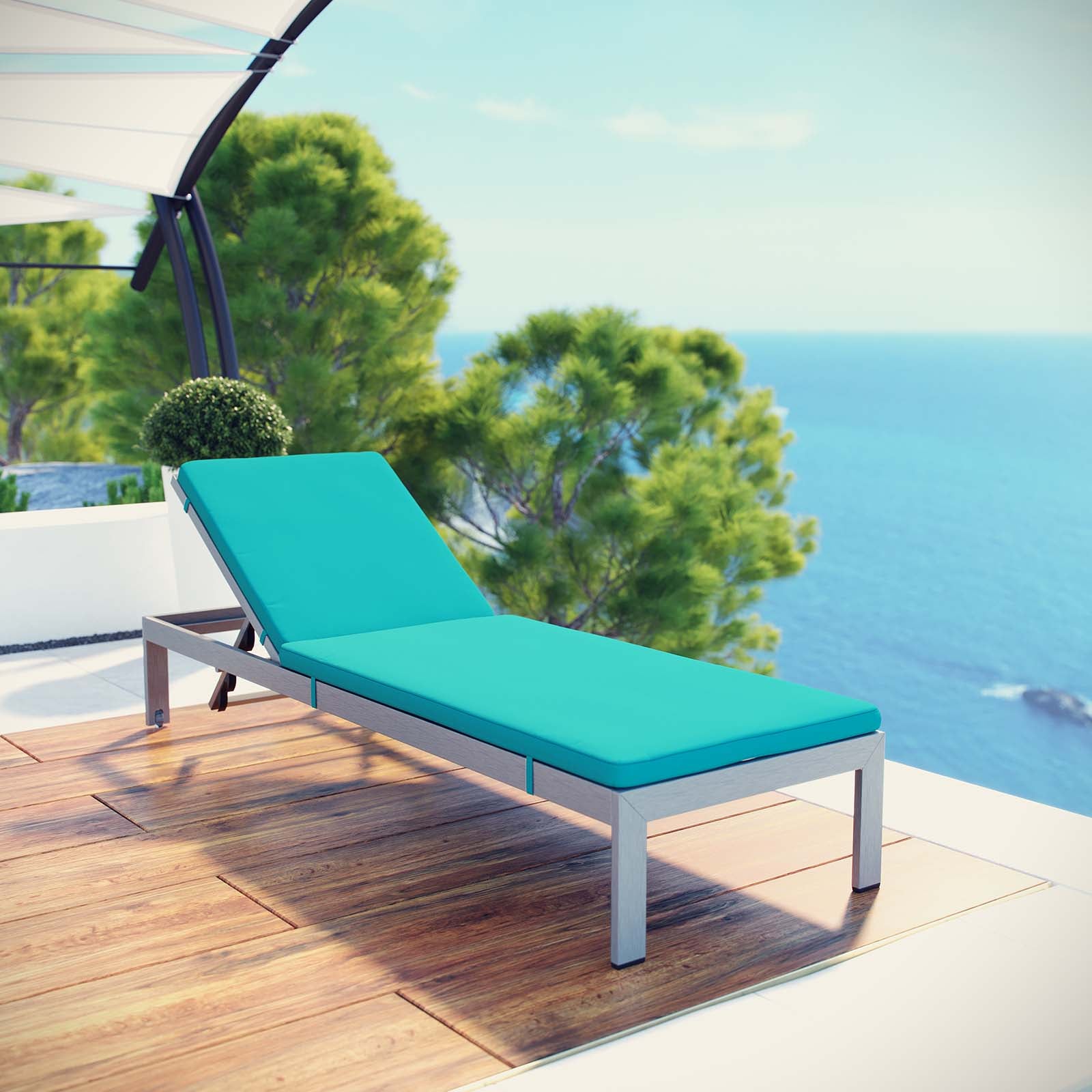 Modway Outdoor Loungers - Shore Outdoor Patio Aluminum Chaise with Cushions Silver Turquoise