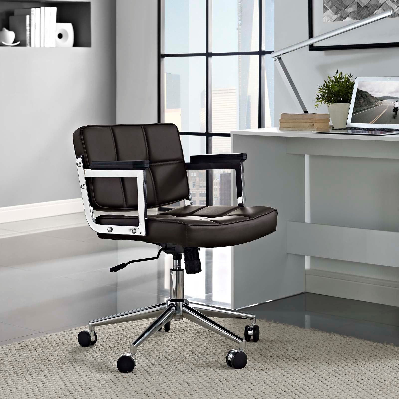 Modway Task Chairs - Portray Mid Back Upholstered Vinyl Office Chair Brown
