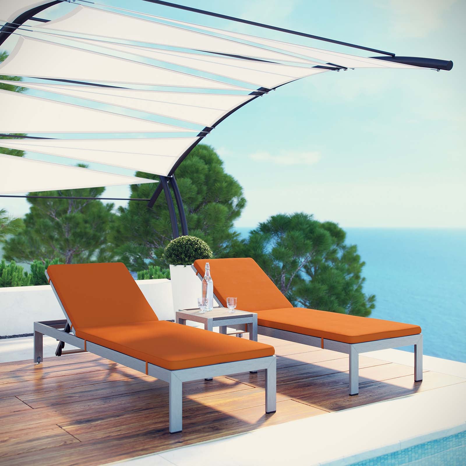 Shore 3 Piece Outdoor Patio Aluminum Chaise with Cushions Silver Orange