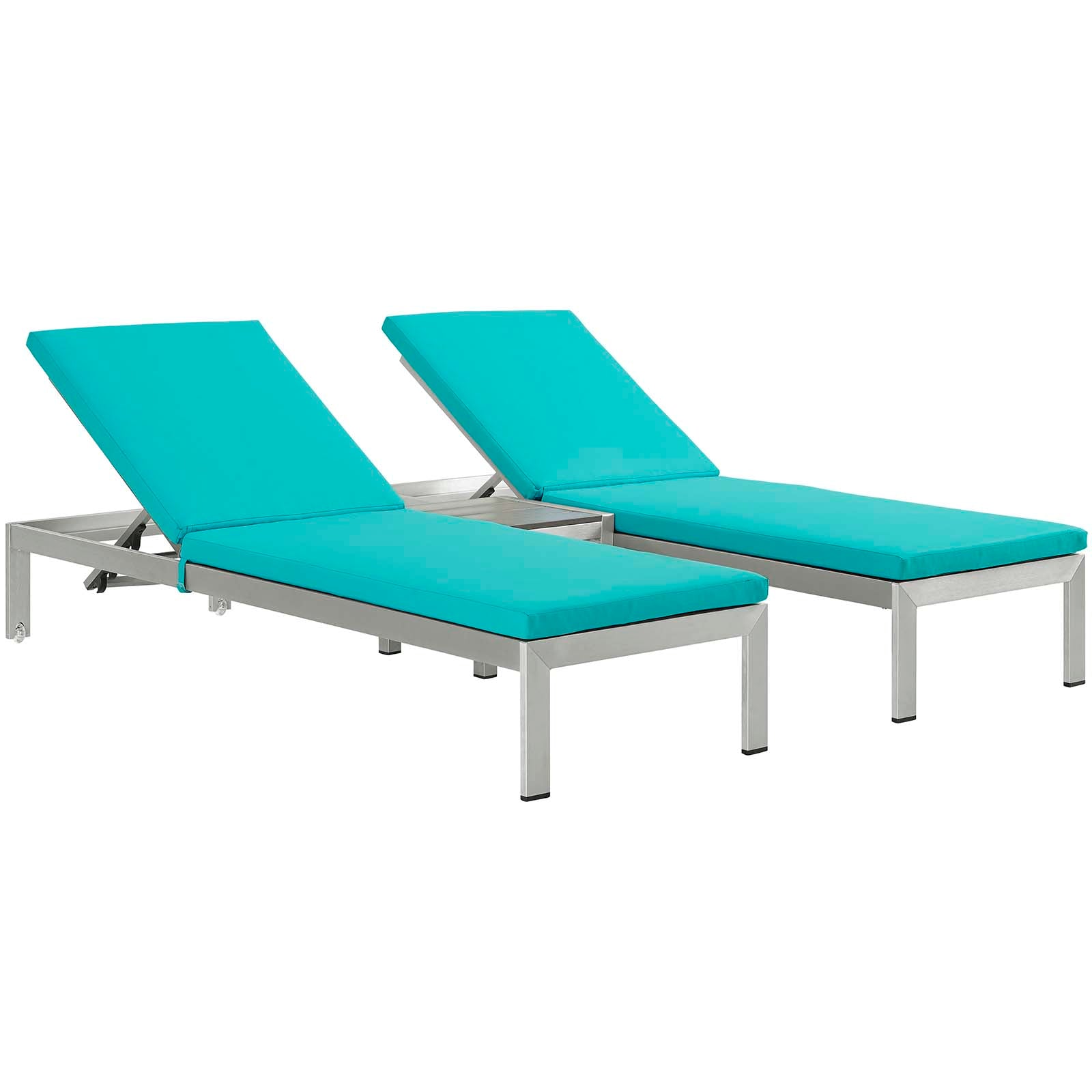Shore 3 Piece Outdoor Patio Aluminum Chaise with Cushions Silver Turquoise