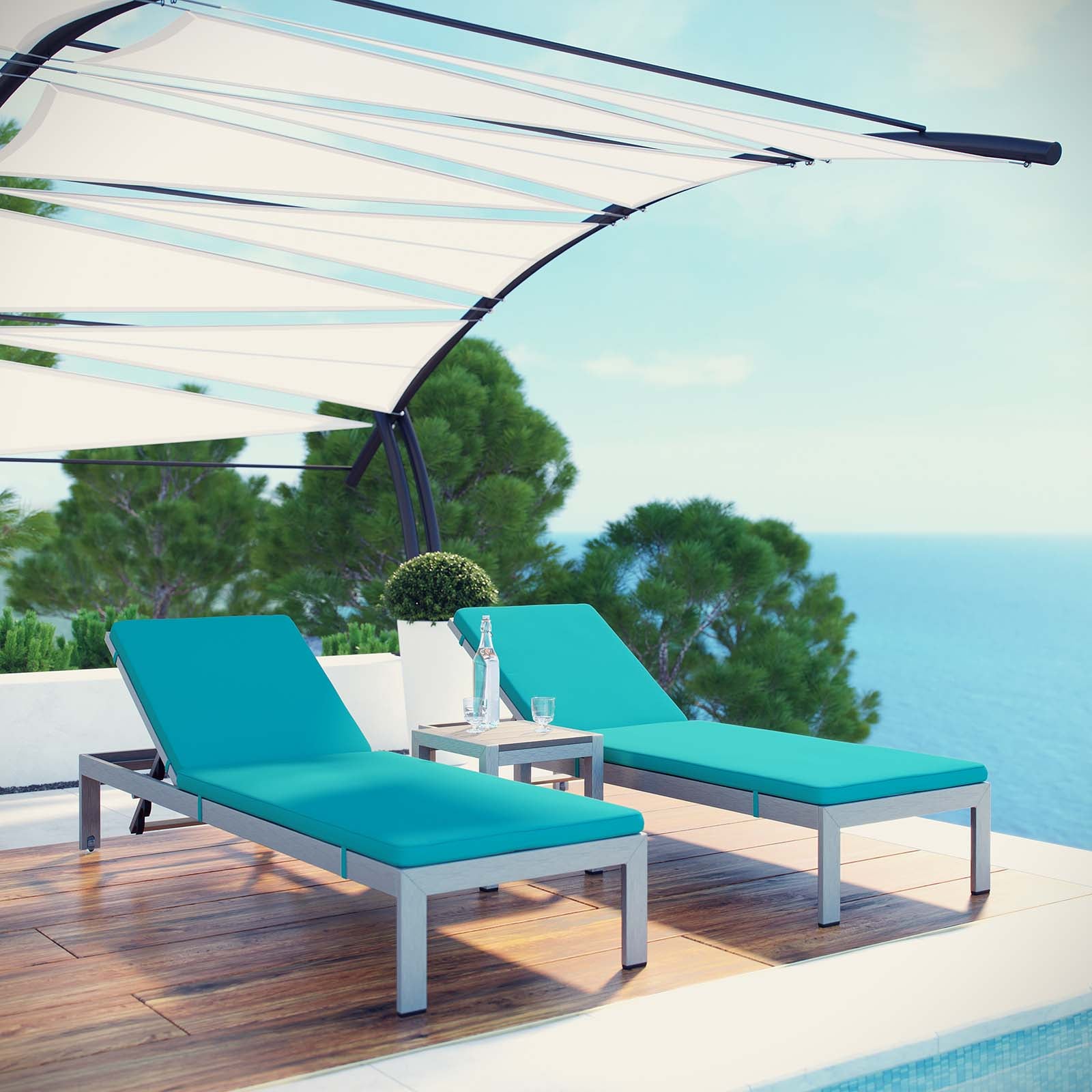 Shore 3 Piece Outdoor Patio Aluminum Chaise with Cushions Silver Turquoise