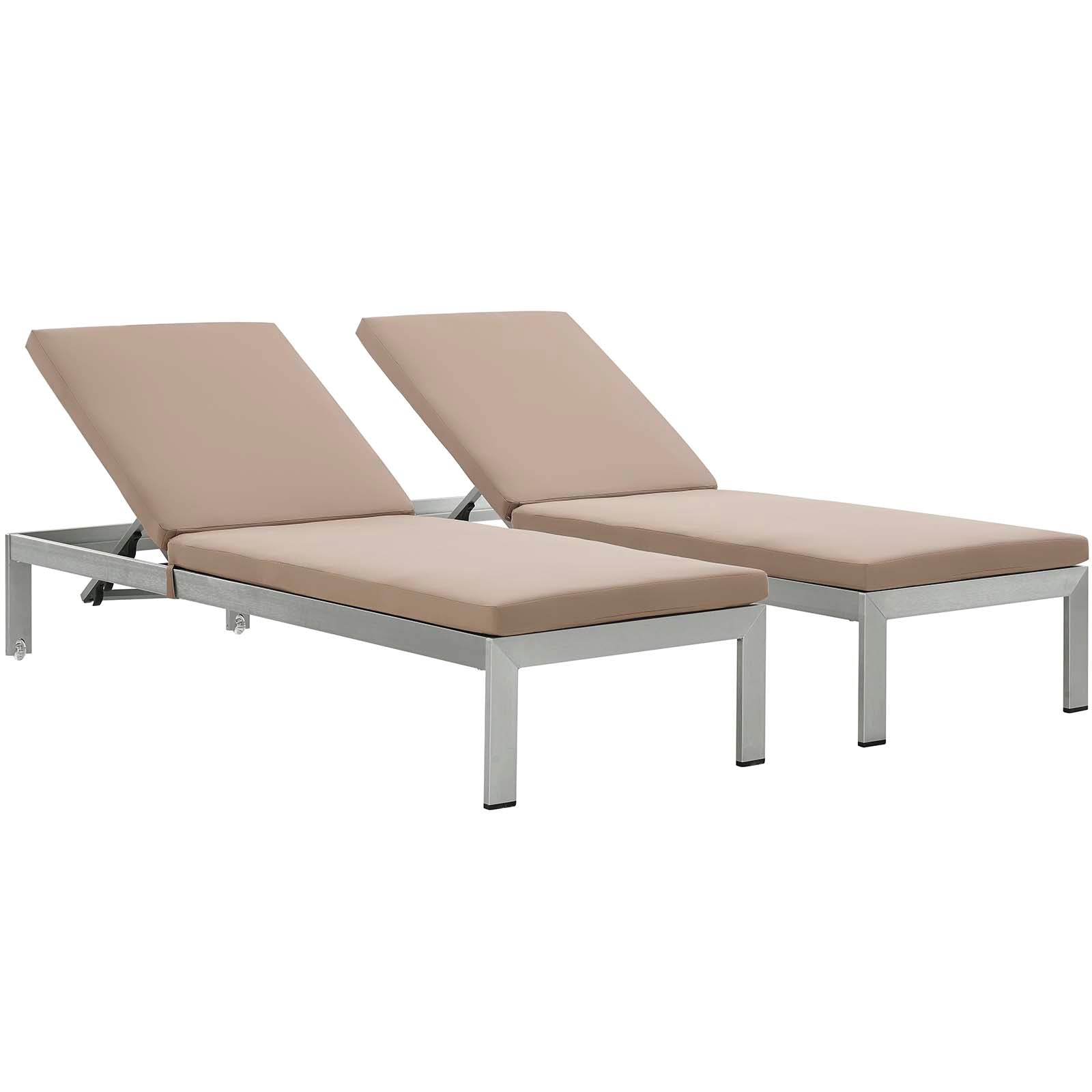 Modway Outdoor Loungers - Shore Chaise with Cushions Outdoor Patio Aluminum Silver Mocha (Set of 2)