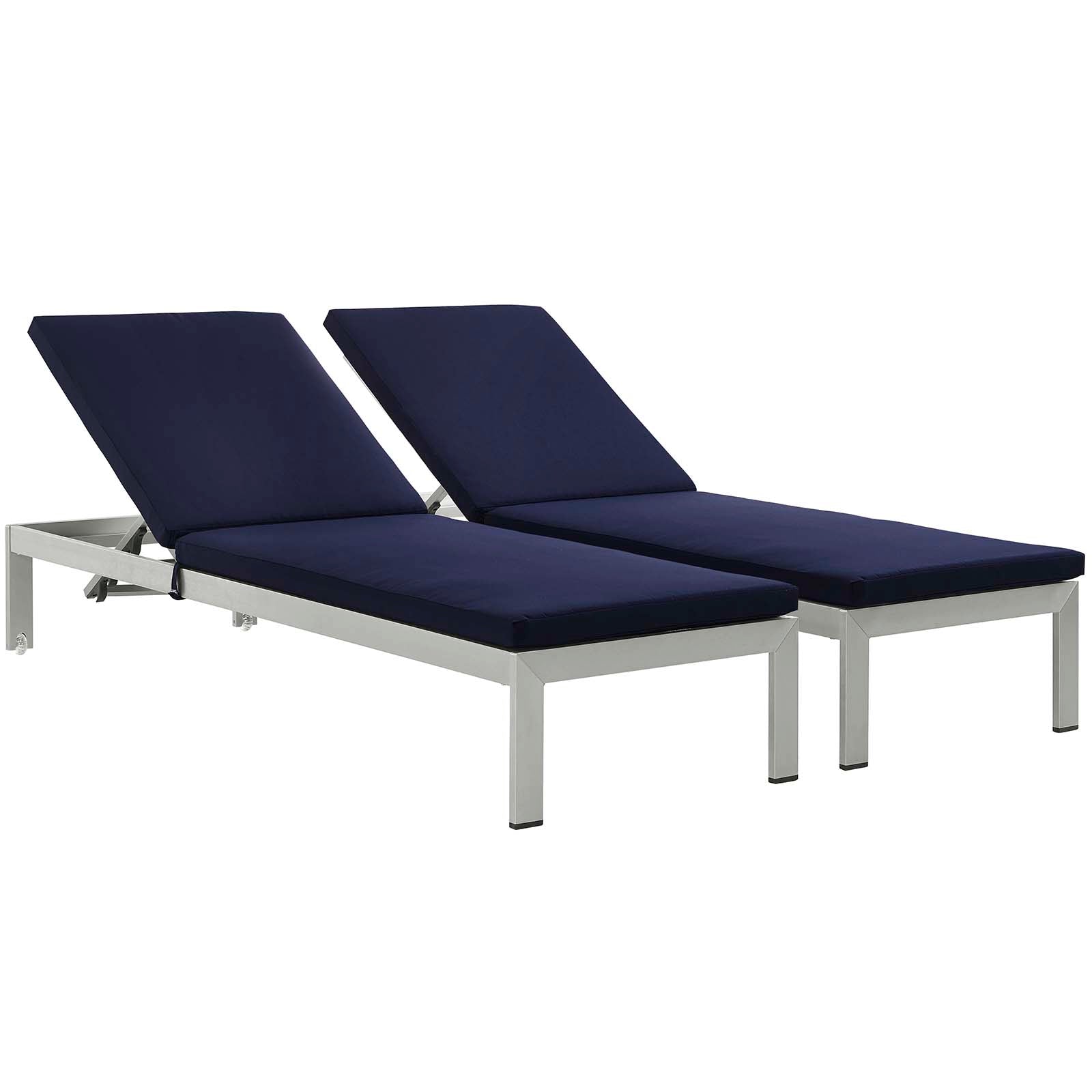 Modway Outdoor Loungers - Shore Chaise with Cushions Outdoor Patio Aluminum Set of 2 Silver Navy