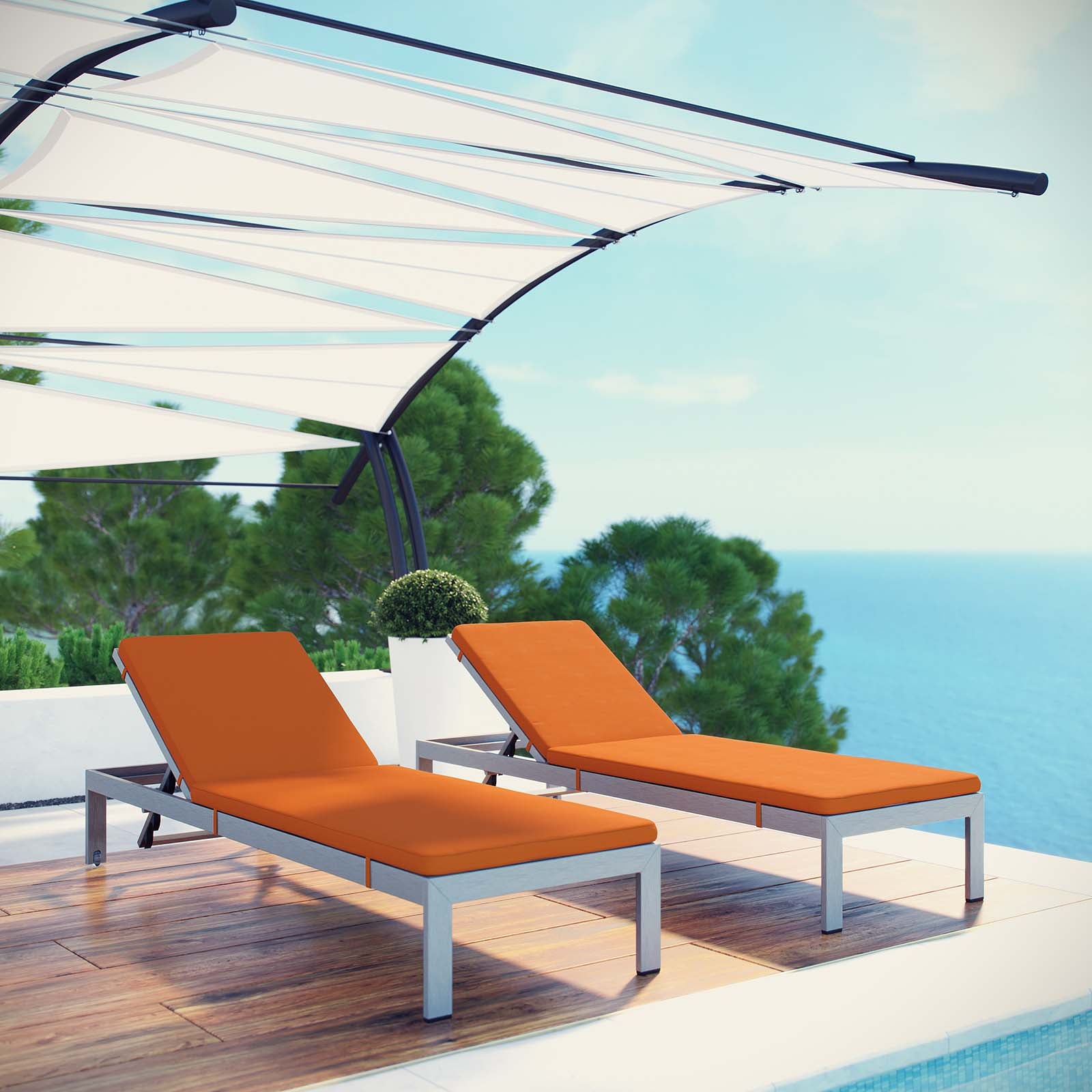 Modway Outdoor Loungers - Shore Chaise with Cushions Outdoor Patio Aluminum Silver Orange (Set of 2)