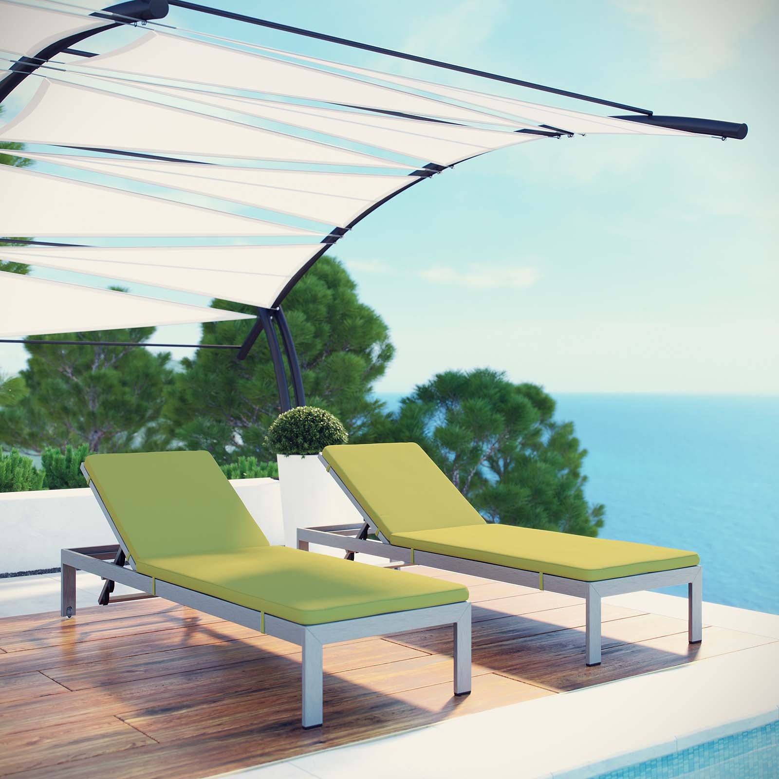 Modway Outdoor Loungers - Shore Chaise with Cushions Outdoor Patio Aluminum Set of 2 Silver Peridot